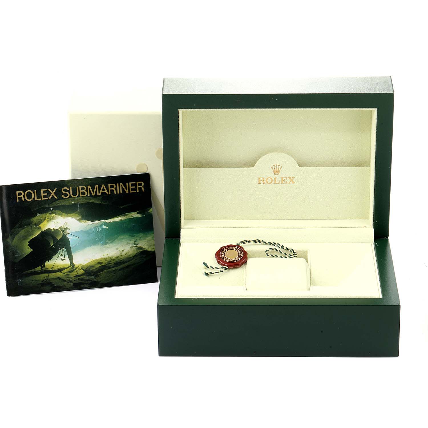 The image shows an open box for a Rolex Submariner 16613 Men
s Steel and Gold (two tone) Blue Dial 16613 Men
s Steel and Gold (two tone) Blue Dial watch along with its manual.