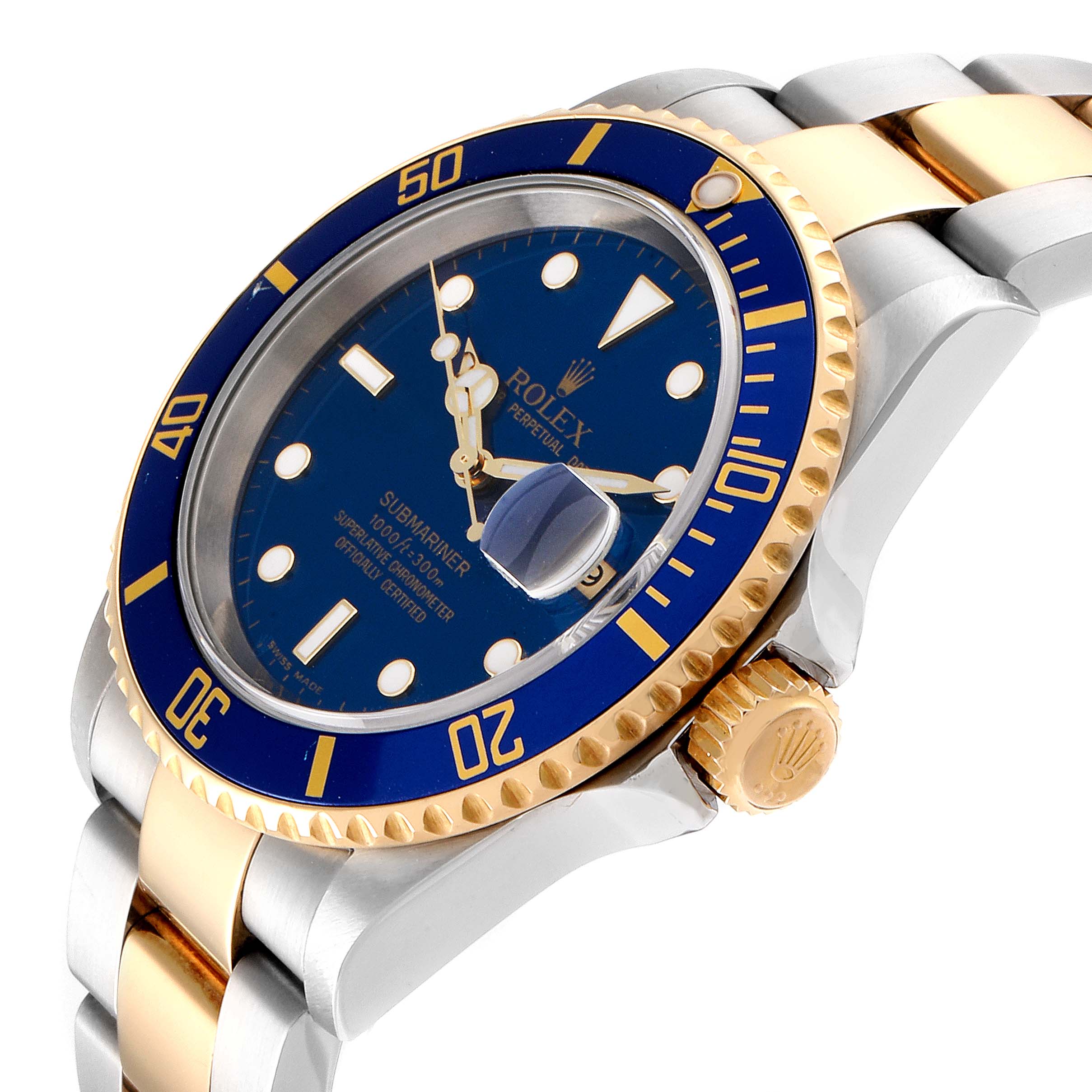 This image shows a side angle of a Rolex Submariner 16613 Men
s Steel and Gold (two tone) Blue Dial 16613 Men
s Steel and Gold (two tone) Blue Dial, highlighting the blue dial, rotating bezel, and two-tone bracelet.