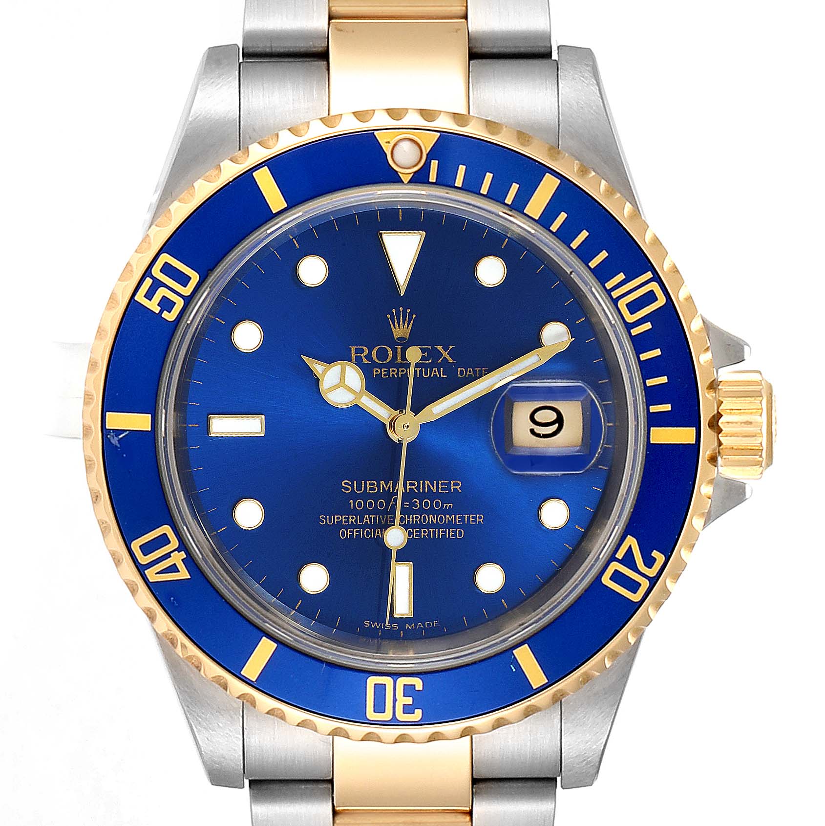 The image shows a front view of a Rolex Submariner 16613 Men
s Steel and Gold (two tone) Blue Dial 16613 Men
s Steel and Gold (two tone) Blue Dial watch, displaying the dial, bezel, and bracelet prominently.