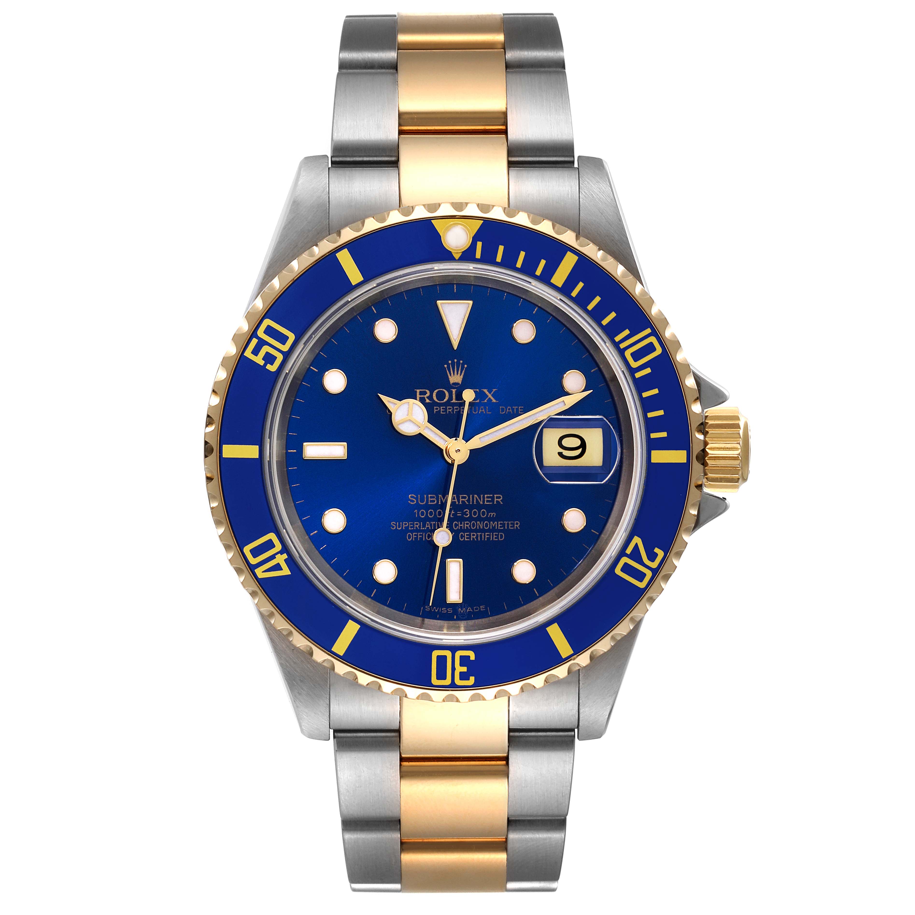 This Rolex Submariner 16613 Men's Steel and Gold (two tone) Blue Dial 16613 Men's Steel and Gold (two tone) Blue Dial watch is shown from the front, displaying its blue dial, bezel, gold accents, and stainless steel and gold bracelet.