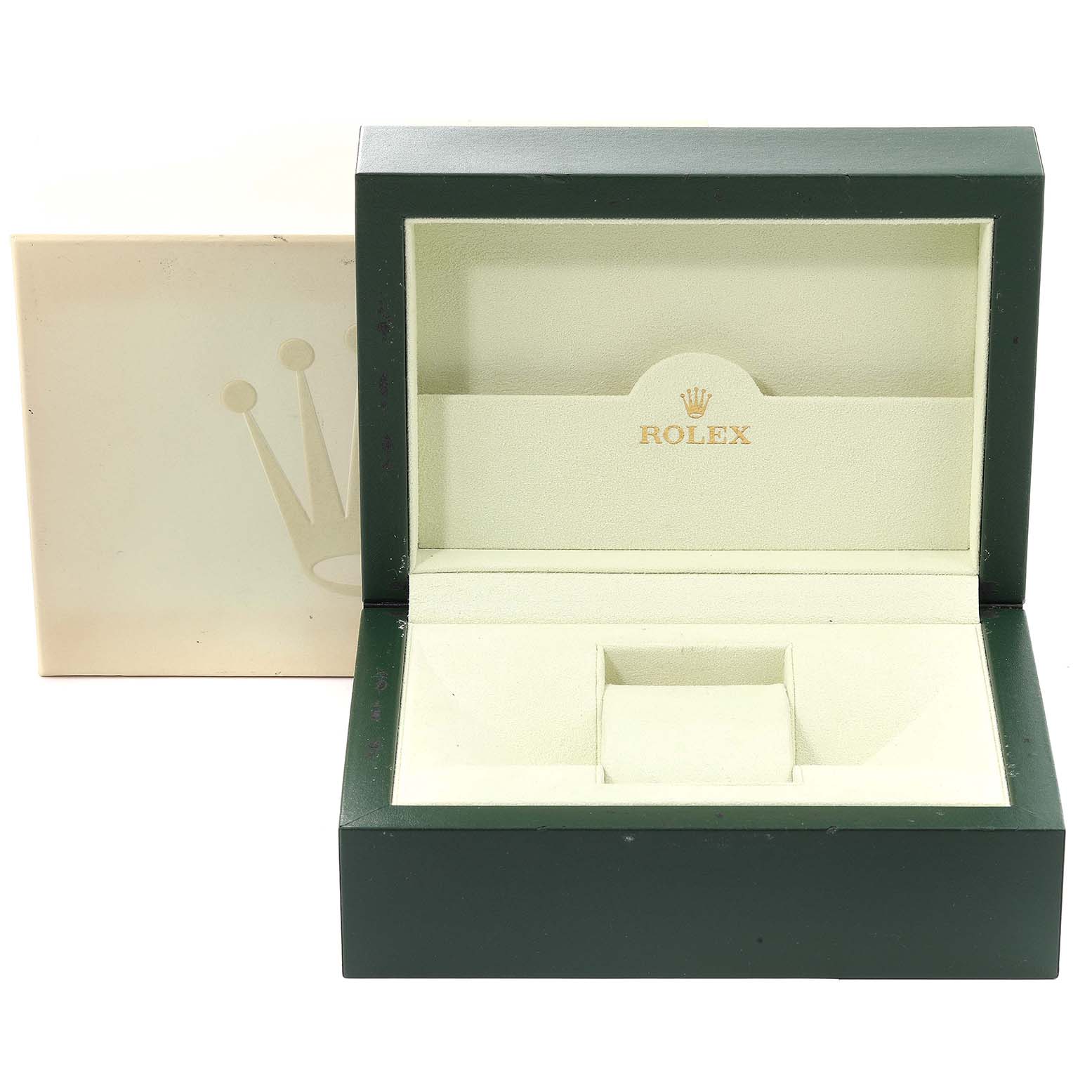 This image shows an open green Rolex Submariner 16613 Men's Steel and Gold (two tone) Blue Dial 16613 Men's Steel and Gold (two tone) Blue Dial watch box with its beige inner lining and the Rolex logo.