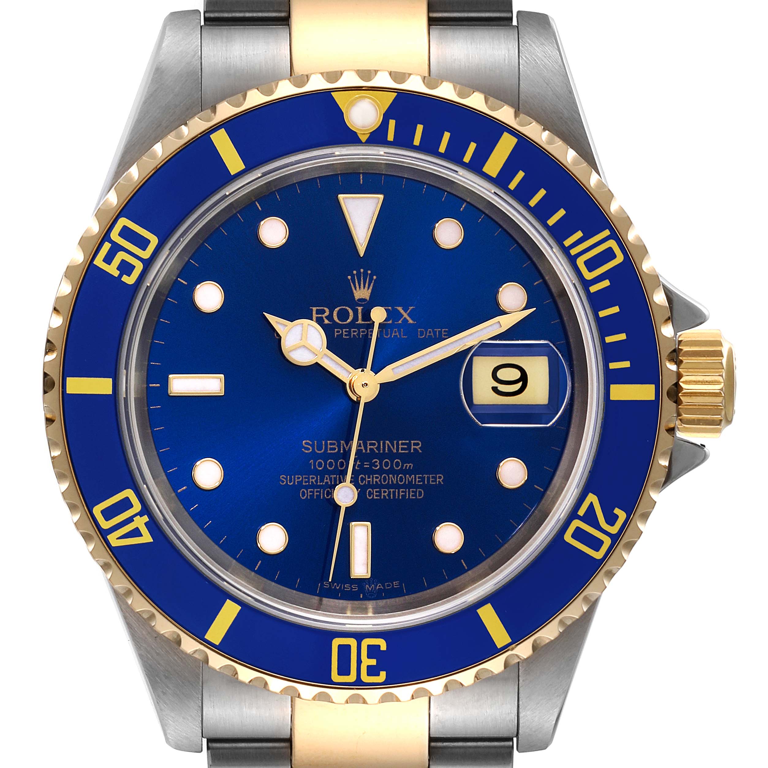 The image shows a front view of a Rolex Submariner 16613 Men's Steel and Gold (two tone) Blue Dial 16613 Men's Steel and Gold (two tone) Blue Dial watch, highlighting the dial, bezel, hands, and crown.