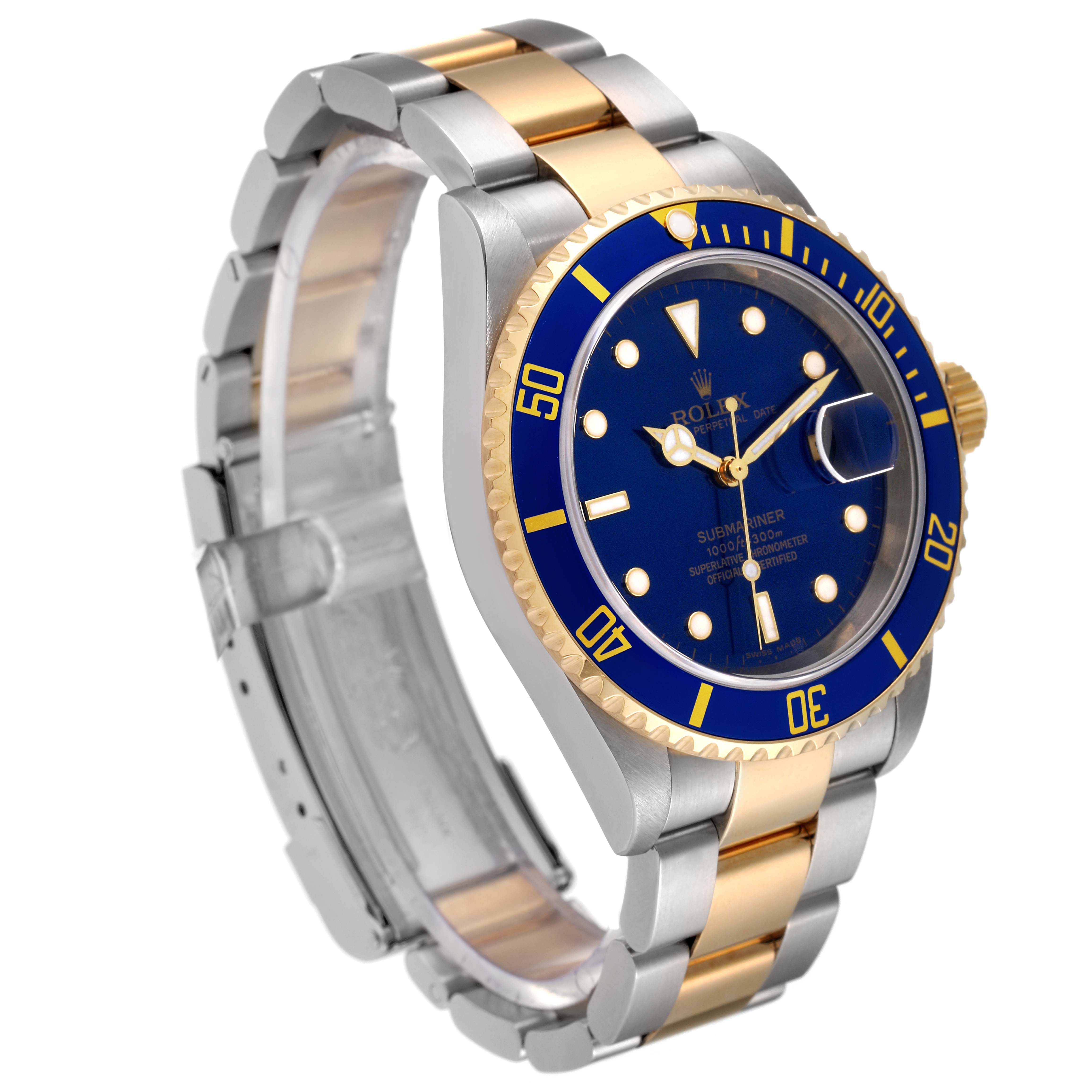 The Rolex Submariner 16613 Men's Steel and Gold (two tone) Blue Dial 16613 Men's Steel and Gold (two tone) Blue Dial watch is shown at an oblique angle, displaying its blue dial, bezel, and two-tone bracelet.