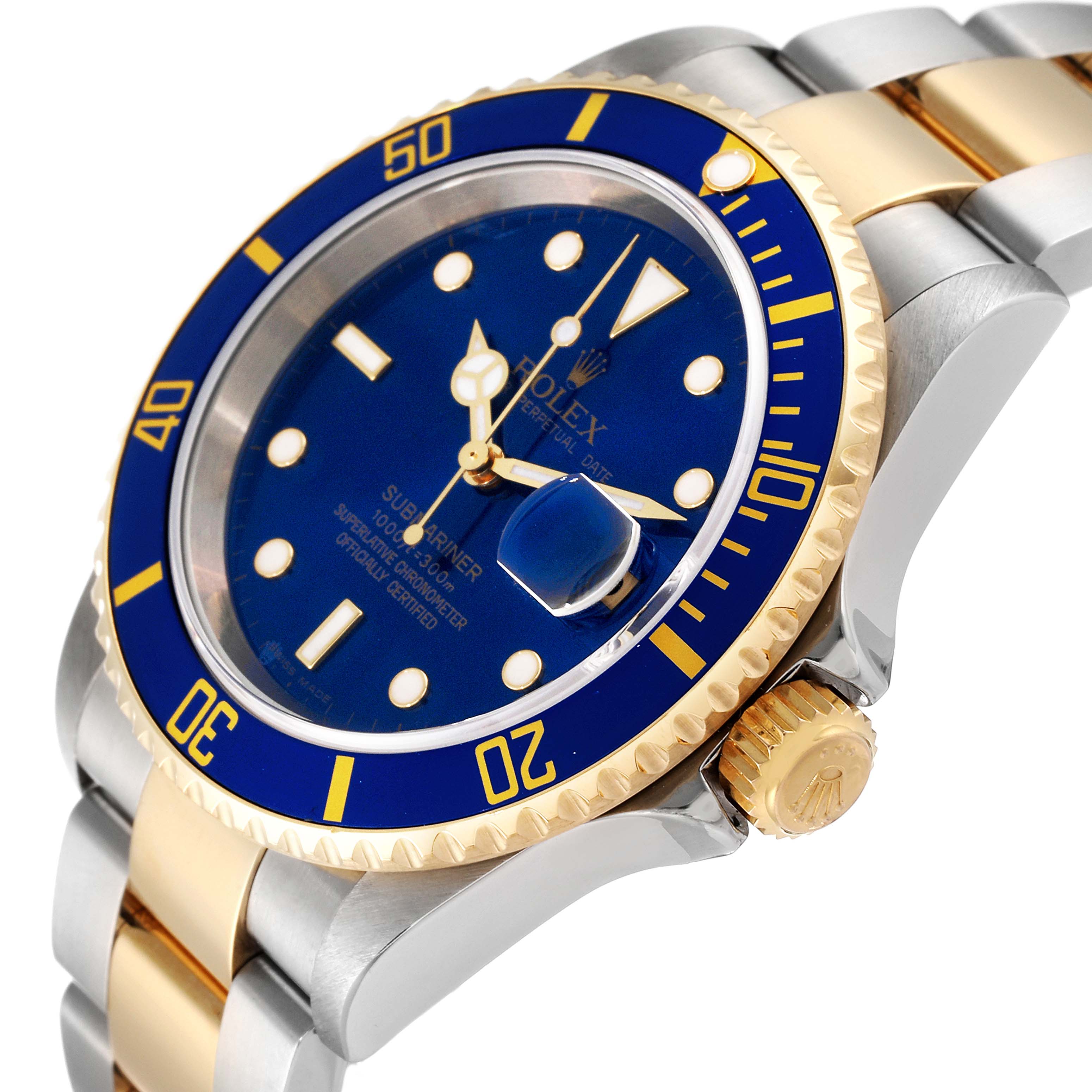 This Rolex Submariner 16613 Men's Steel and Gold (two tone) Blue Dial 16613 Men's Steel and Gold (two tone) Blue Dial watch is shown from an angled close-up, highlighting the dial, bezel, crown, and part of the bracelet.
