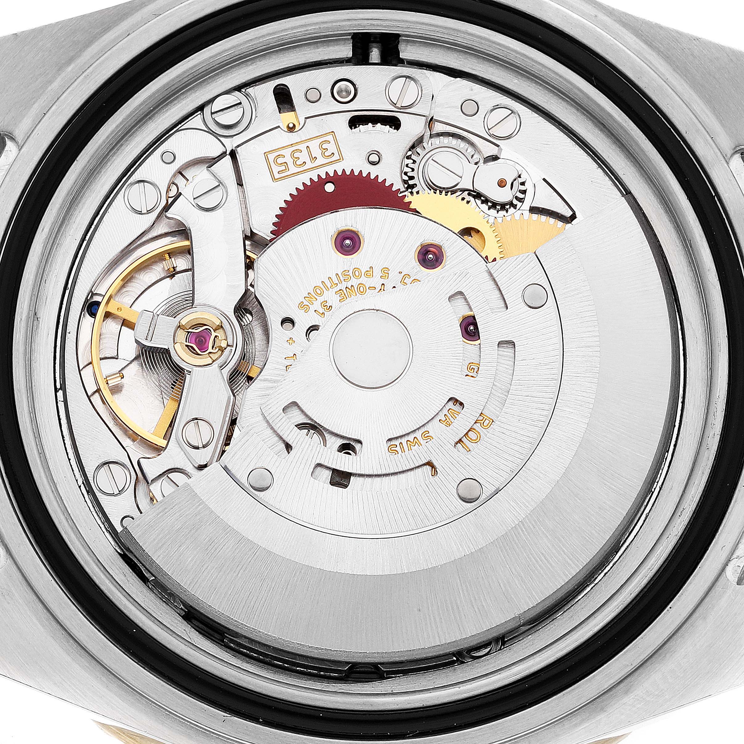 The image shows the internal movement mechanism of a Rolex Submariner 16613 Men's Steel and Gold (two tone) Blue Dial 16613 Men's Steel and Gold (two tone) Blue Dial model from an overhead angle.