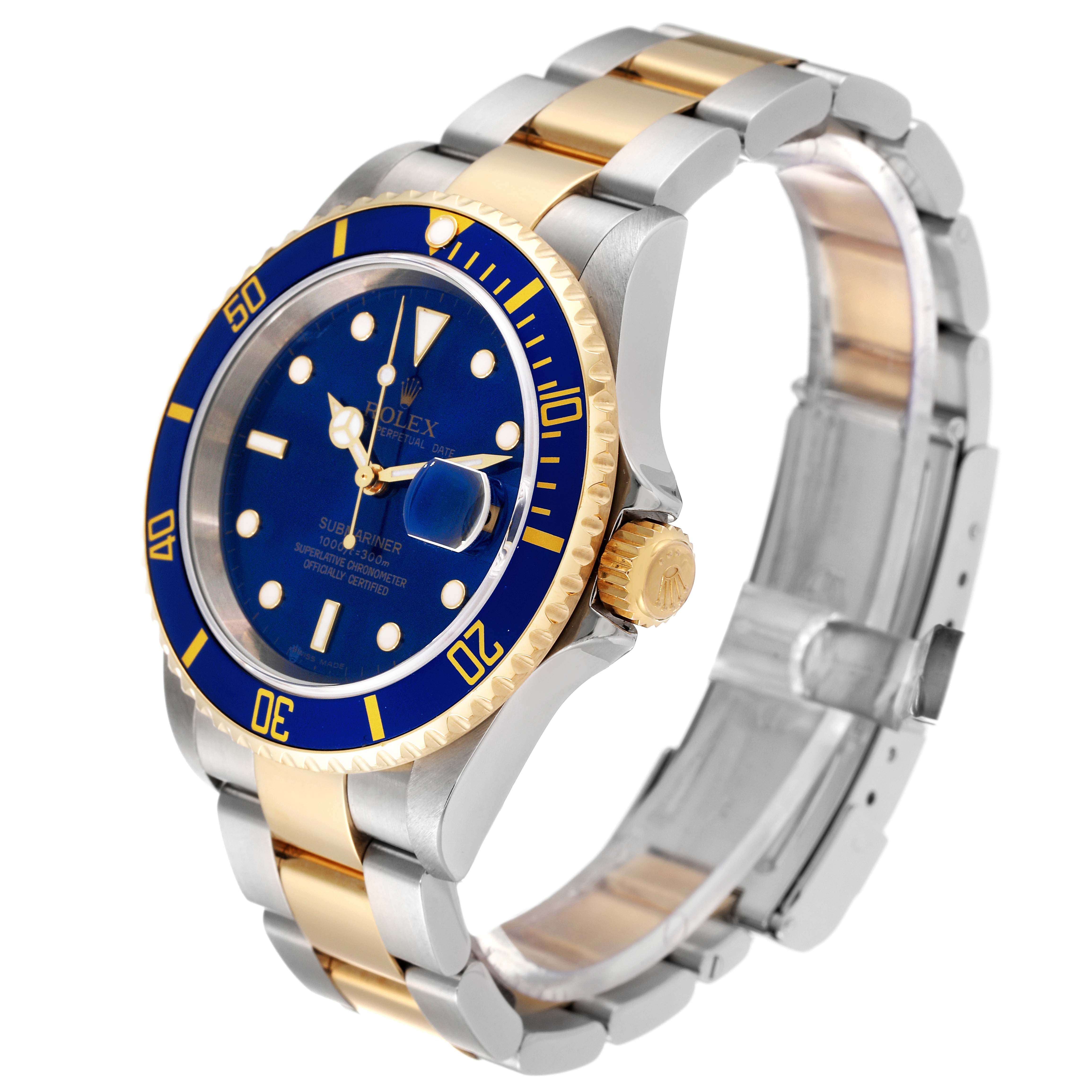 The image shows a side angle of the Rolex Submariner 16613 Men's Steel and Gold (two tone) Blue Dial 16613 Men's Steel and Gold (two tone) Blue Dial watch, highlighting its blue dial, two-tone band, and gold accents.
