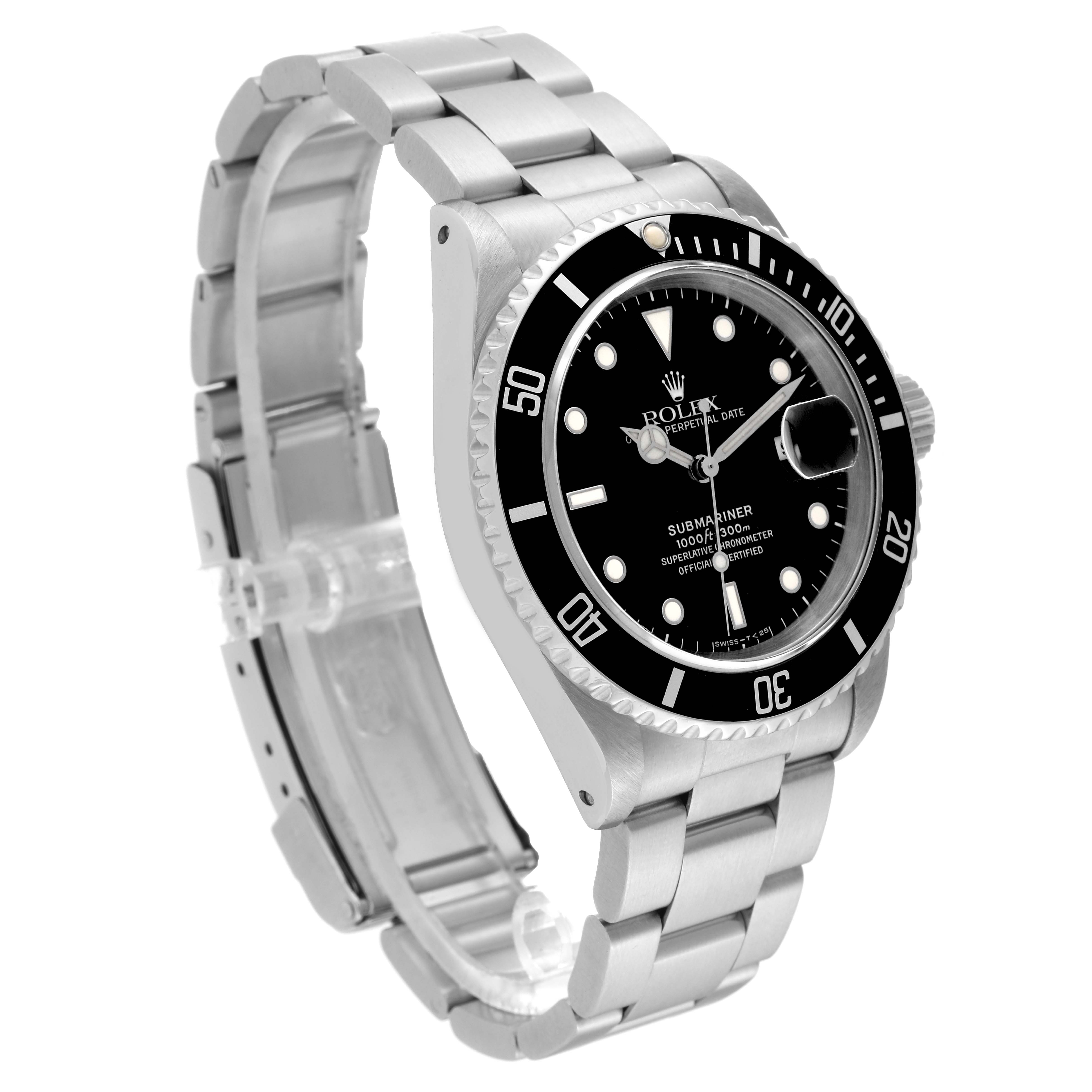 The Rolex Submariner 16610 Men's Stainless Steel Black Dial 16610 Men's Stainless Steel Black Dial watch is shown at a three-quarter angle, highlighting its stainless steel bracelet, black dial, and bezel.