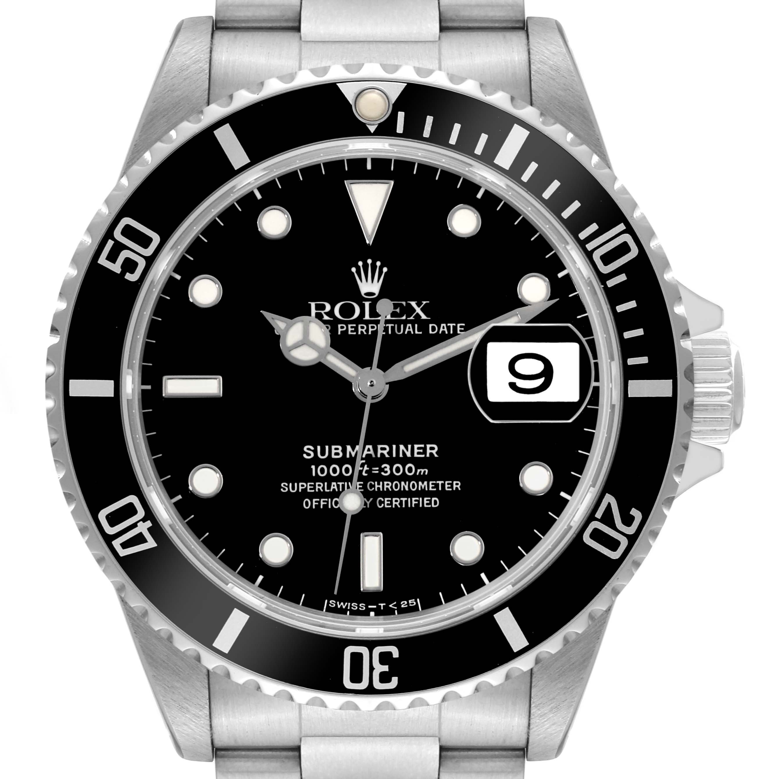 The image shows a front view of a Rolex Submariner 16610 Men's Stainless Steel Black Dial 16610 Men's Stainless Steel Black Dial watch, displaying its face, bezel, and part of the bracelet.