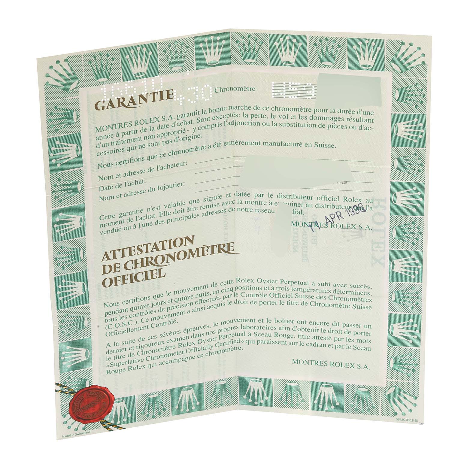 This image shows the official warranty and chronometer certification papers for the Rolex Submariner 16610 Men's Stainless Steel Black Dial 16610 Men's Stainless Steel Black Dial model.