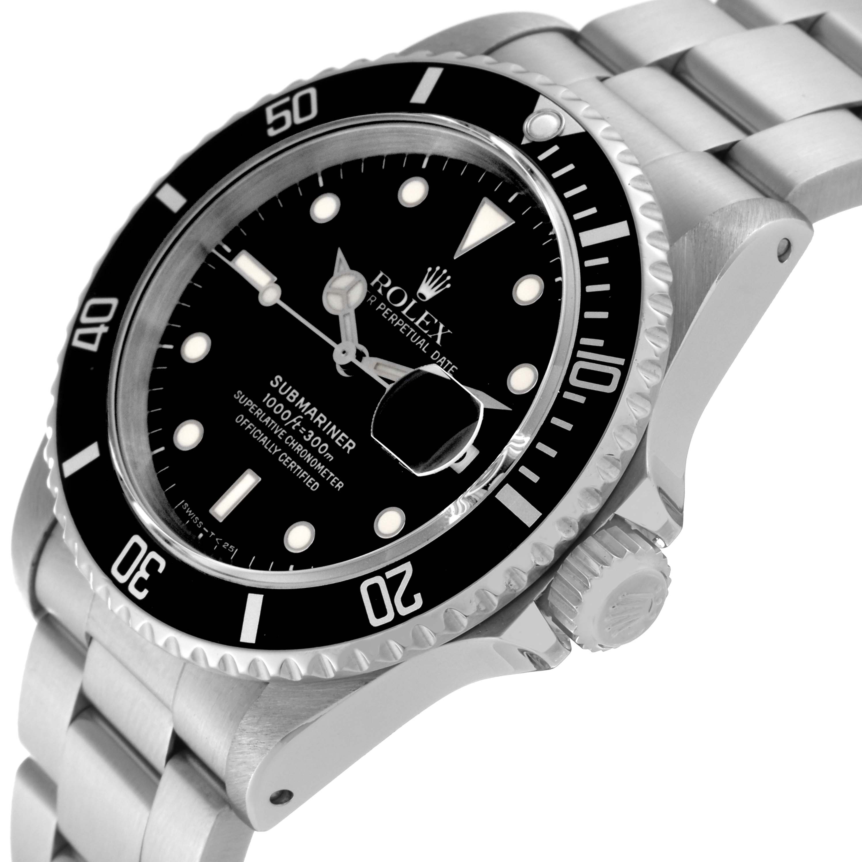 The Rolex Submariner 16610 Men's Stainless Steel Black Dial 16610 Men's Stainless Steel Black Dial watch is shown at a close-up angle, featuring its black dial, bezel, and stainless steel bracelet.