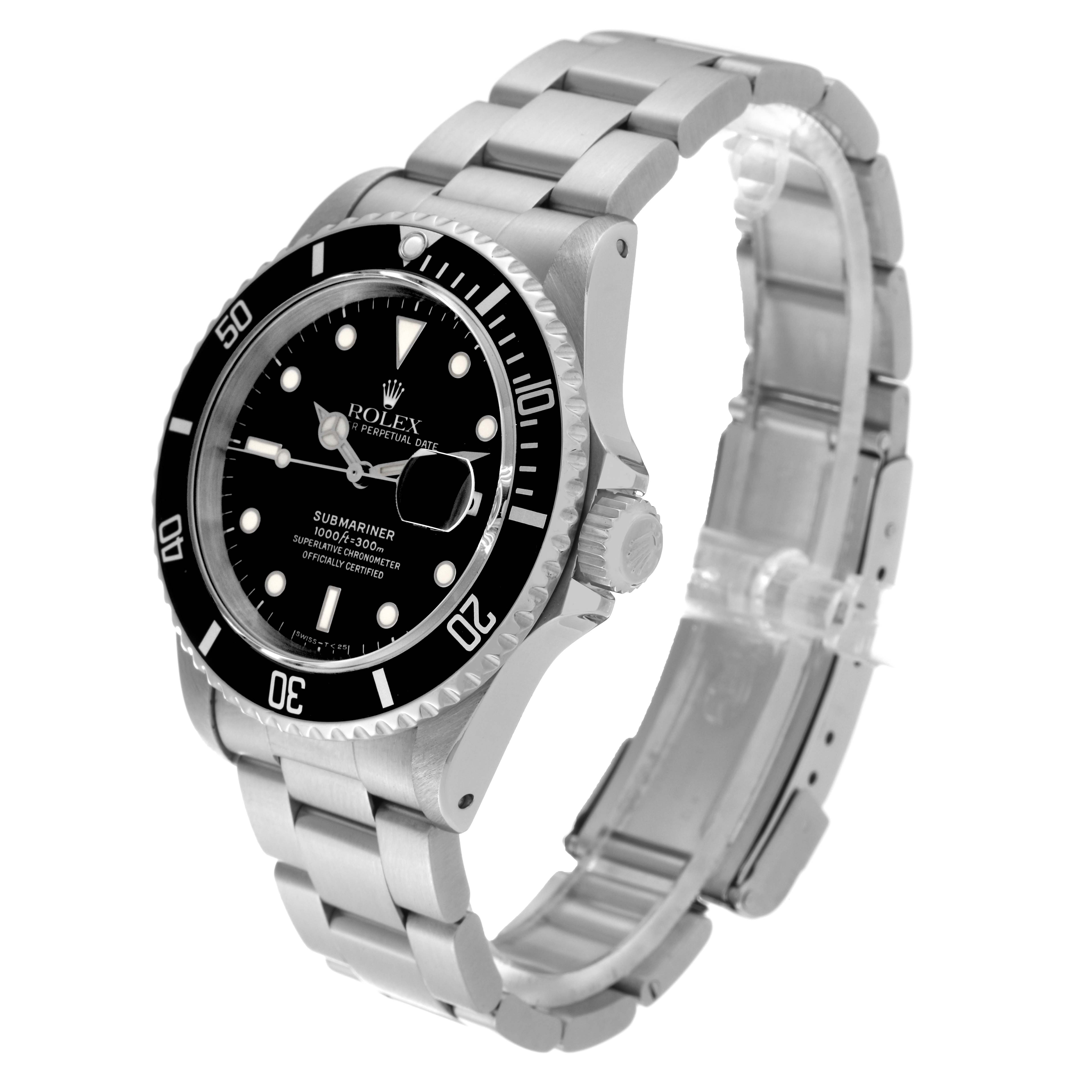The image shows a Rolex Submariner 16610 Men's Stainless Steel Black Dial 16610 Men's Stainless Steel Black Dial watch from a front-left angle, highlighting its black dial, bezel, and stainless steel bracelet.