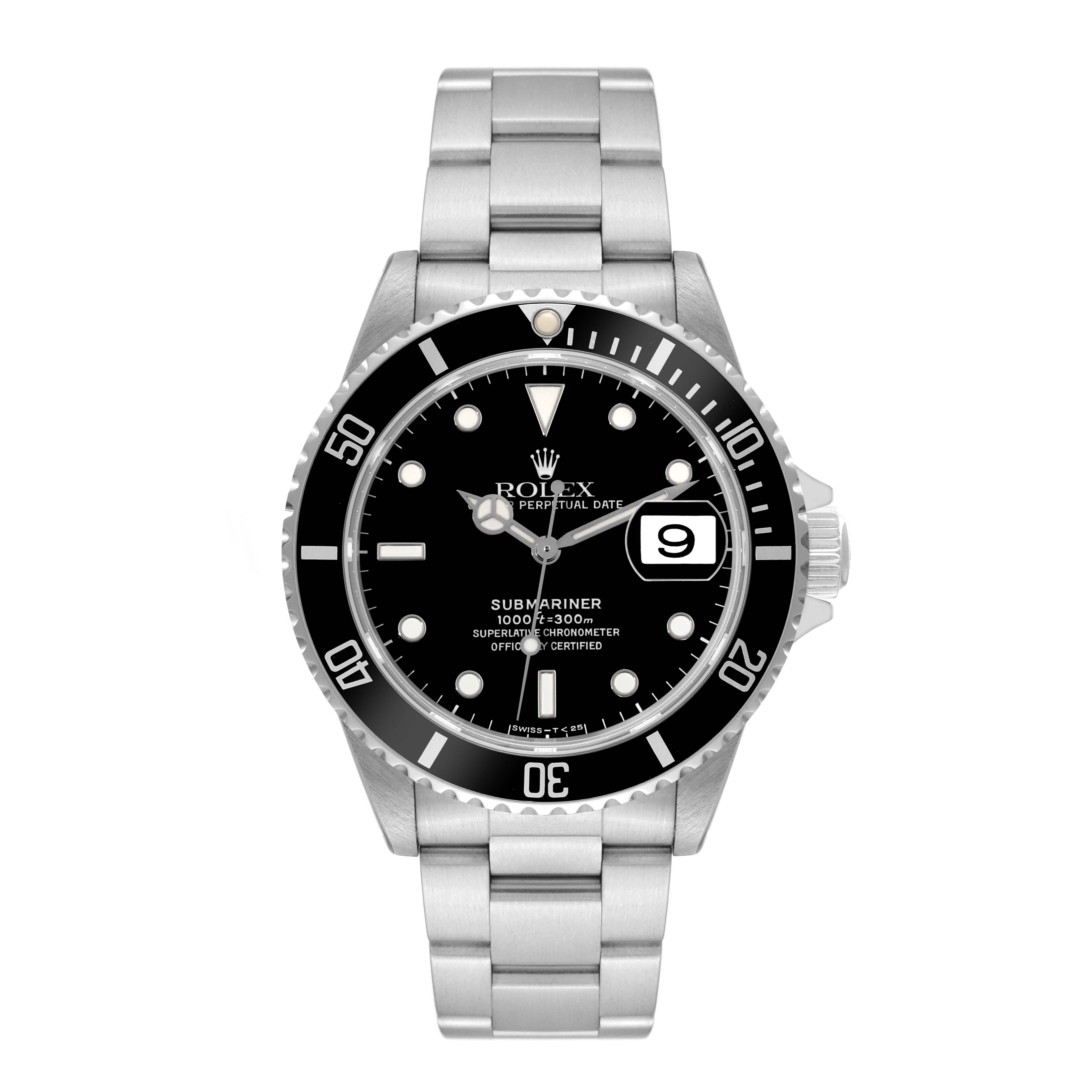 This Rolex Submariner 16610 Men's Stainless Steel Black Dial 16610 Men's Stainless Steel Black Dial watch is shown from a front angle displaying the face, bezel, and bracelet.