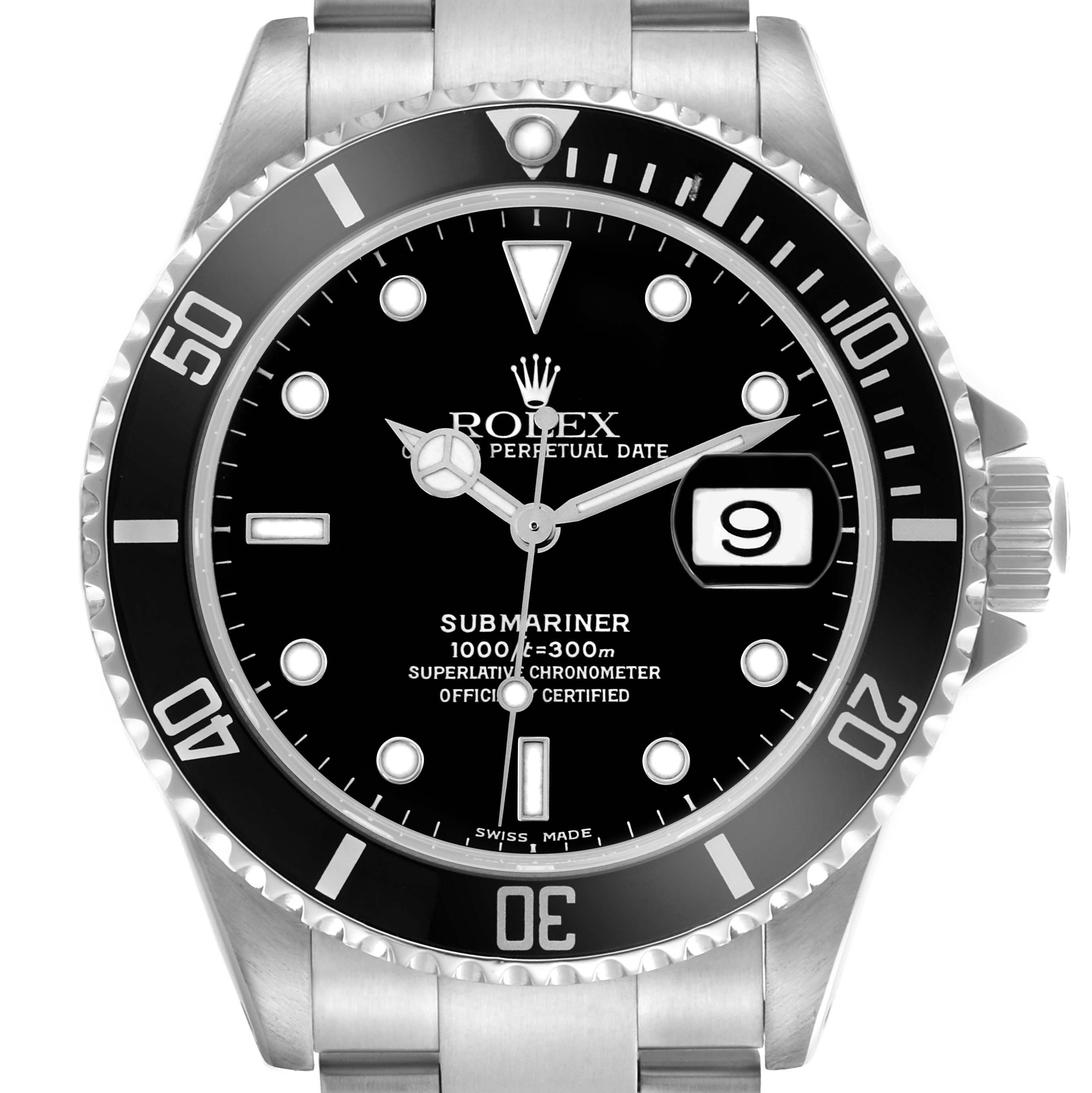 The Rolex Submariner 16610 Men's Stainless Steel Black Dial 16610 Men's Stainless Steel Black Dial is shown from the front, displaying the bezel, dial, hands, crown, and bracelet.