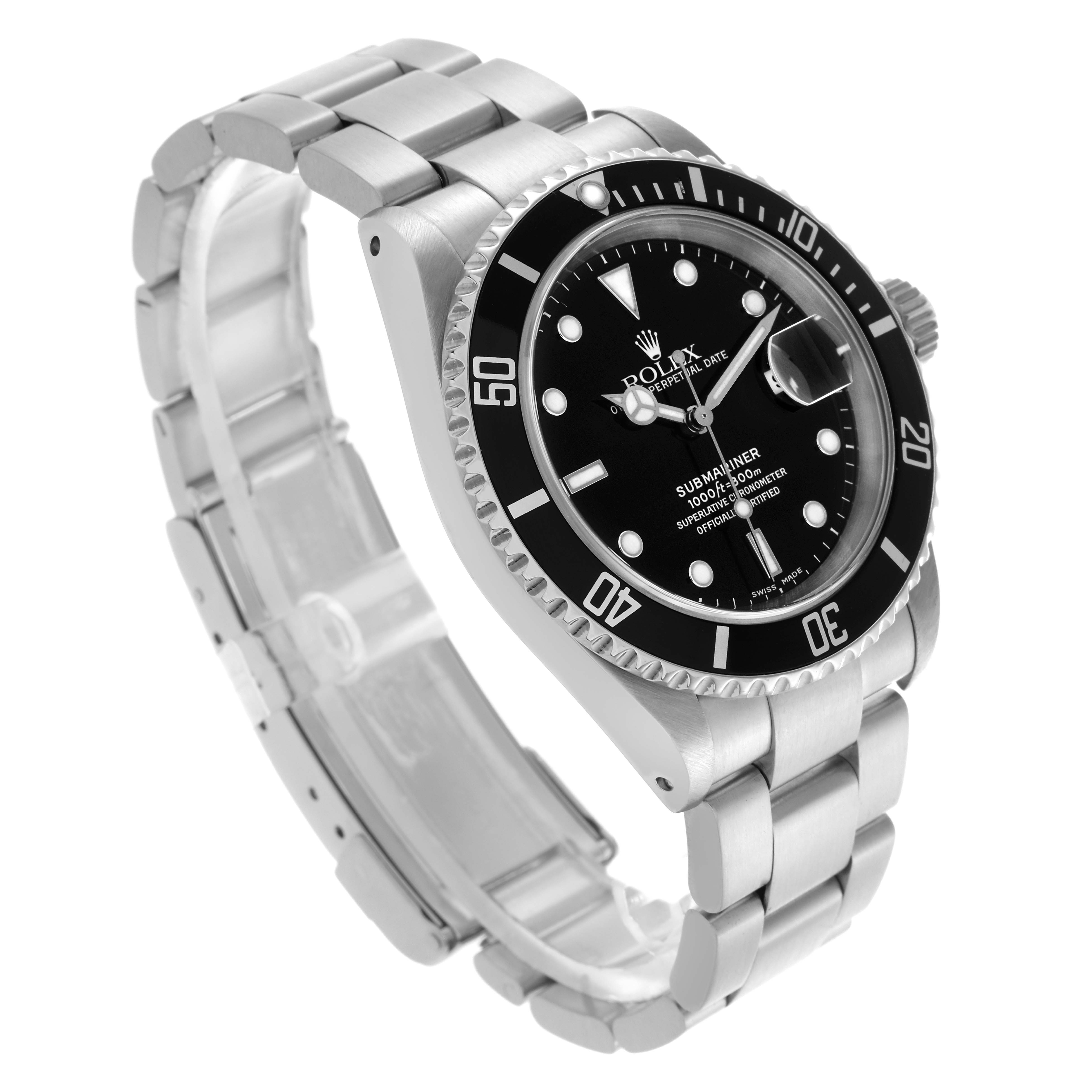 The Rolex Submariner 16610 Men's Stainless Steel Black Dial 16610 Men's Stainless Steel Black Dial watch is shown at a slight angle, highlighting the dial, bezel, and bracelet.