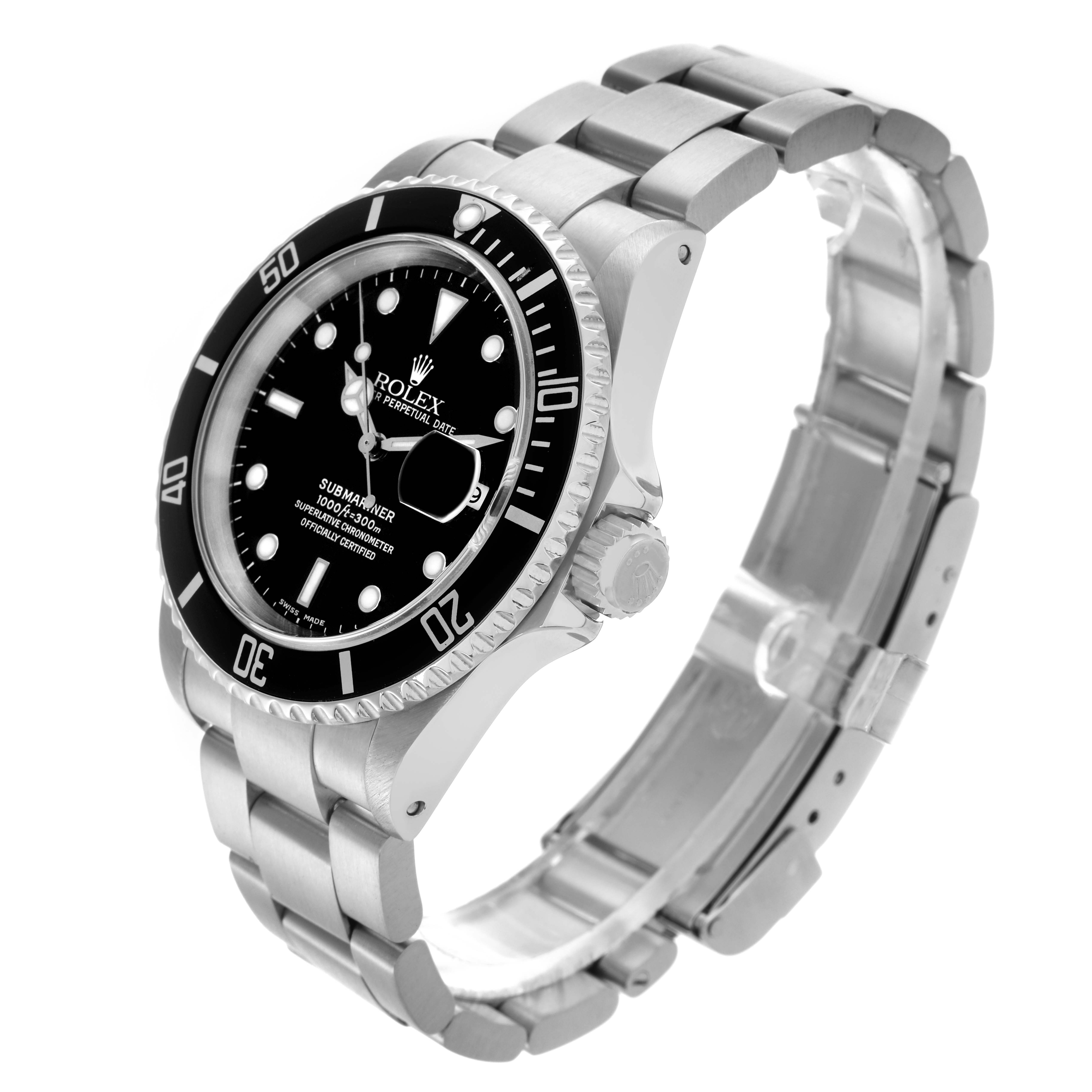 The Rolex Submariner 16610 Men's Stainless Steel Black Dial 16610 Men's Stainless Steel Black Dial is shown at a three-quarter angle, displaying the dial, bezel, bracelet, and crown.