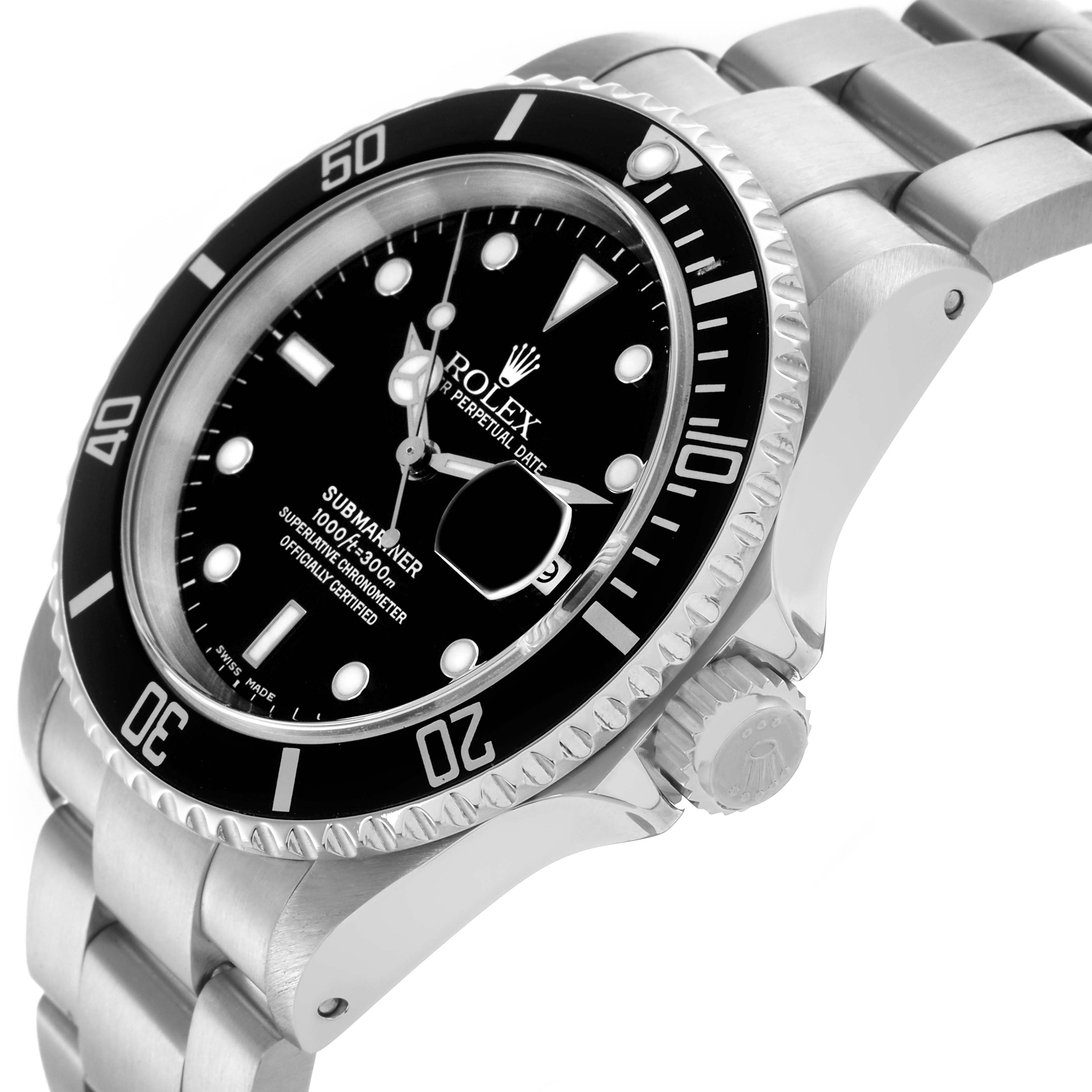 The image shows a side angle of the Rolex Submariner 16610 Men's Stainless Steel Black Dial 16610 Men's Stainless Steel Black Dial, highlighting the bezel, dial, crown, and bracelet.
