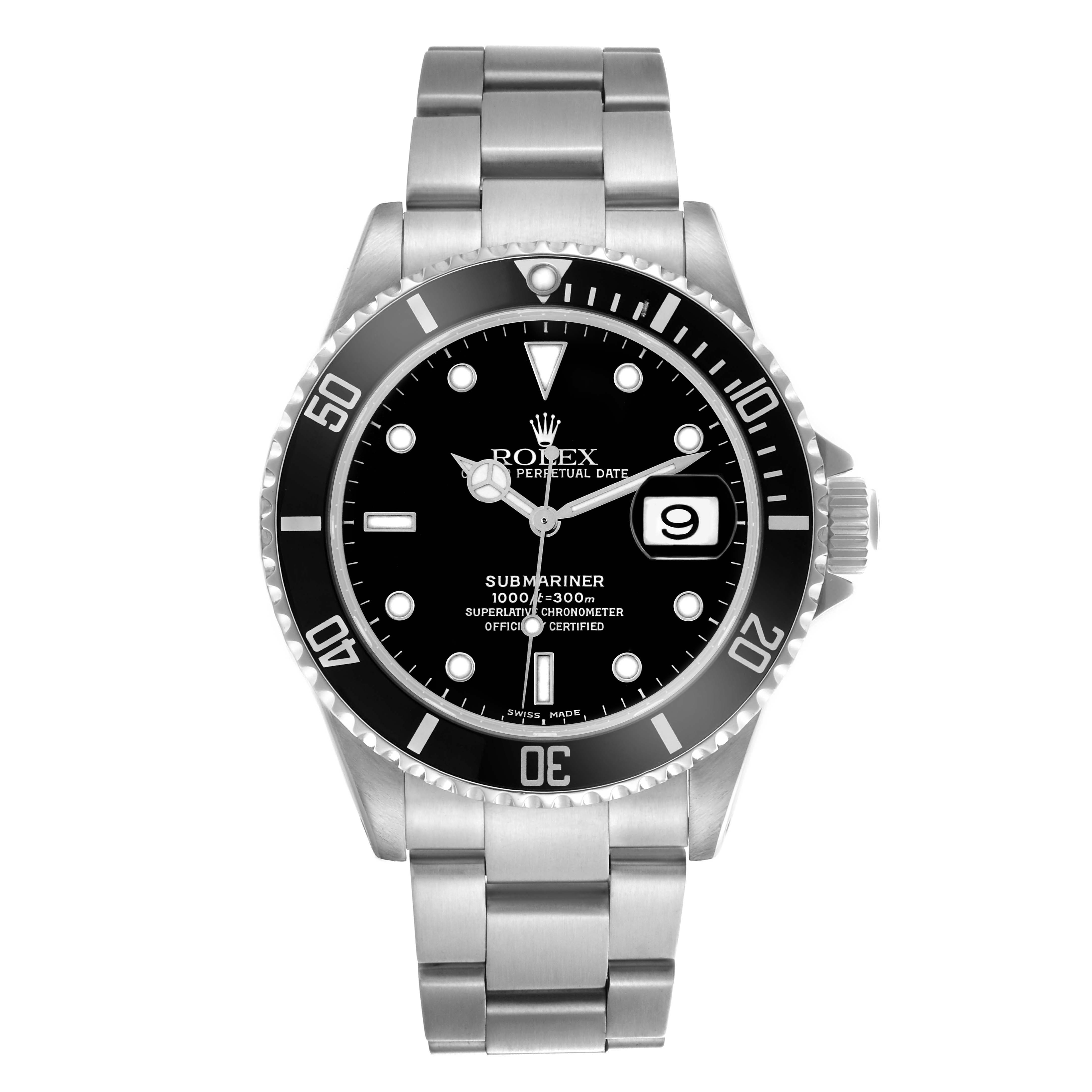 The Rolex Submariner 16610 Men's Stainless Steel Black Dial 16610 Men's Stainless Steel Black Dial watch is shown from a front angle, displaying the face, bezel, crown, and bracelet.
