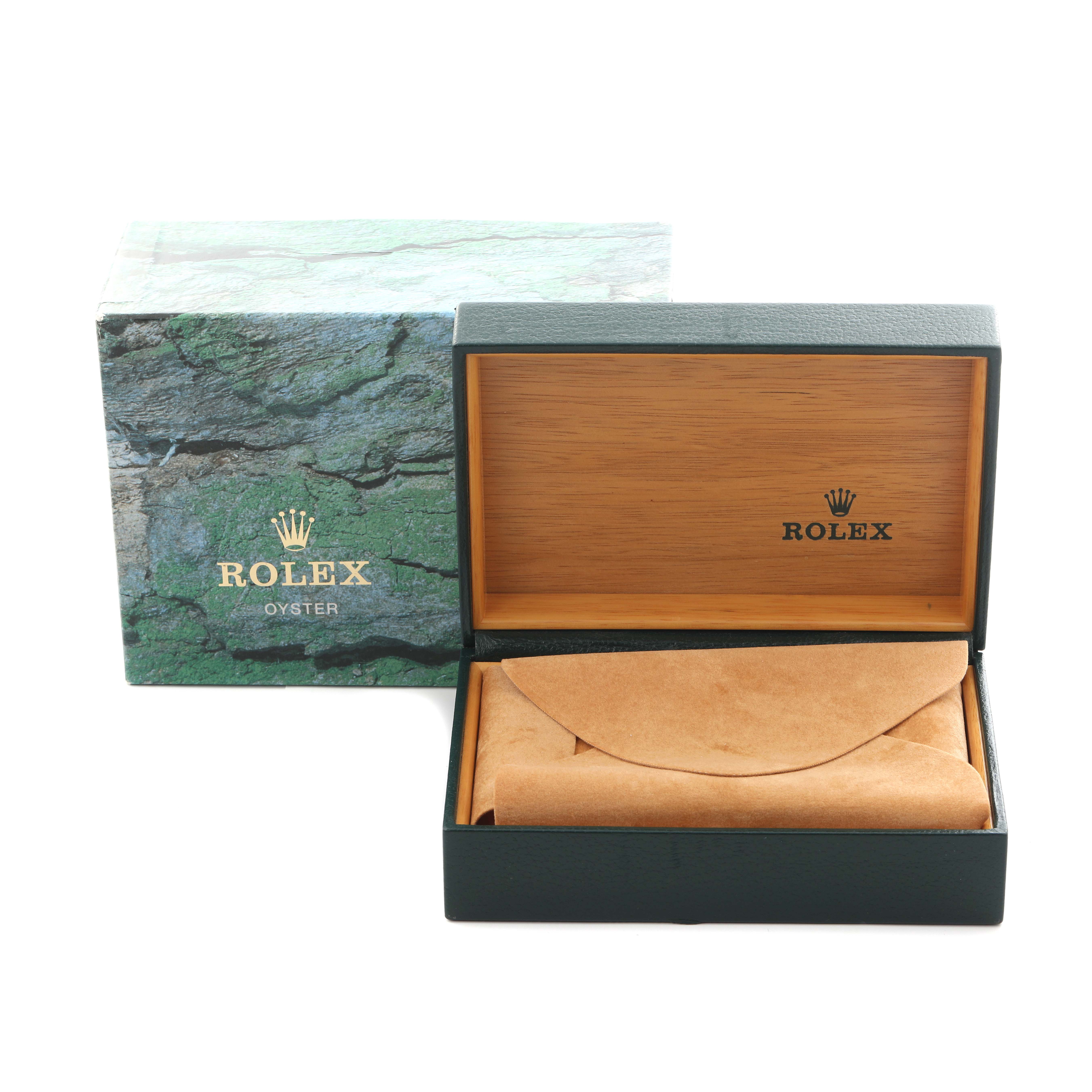 The image shows a Rolex Submariner 16610 Men's Stainless Steel Black Dial 16610 Men's Stainless Steel Black Dial box at a straight angle, featuring an outer case and an inner wooden box.