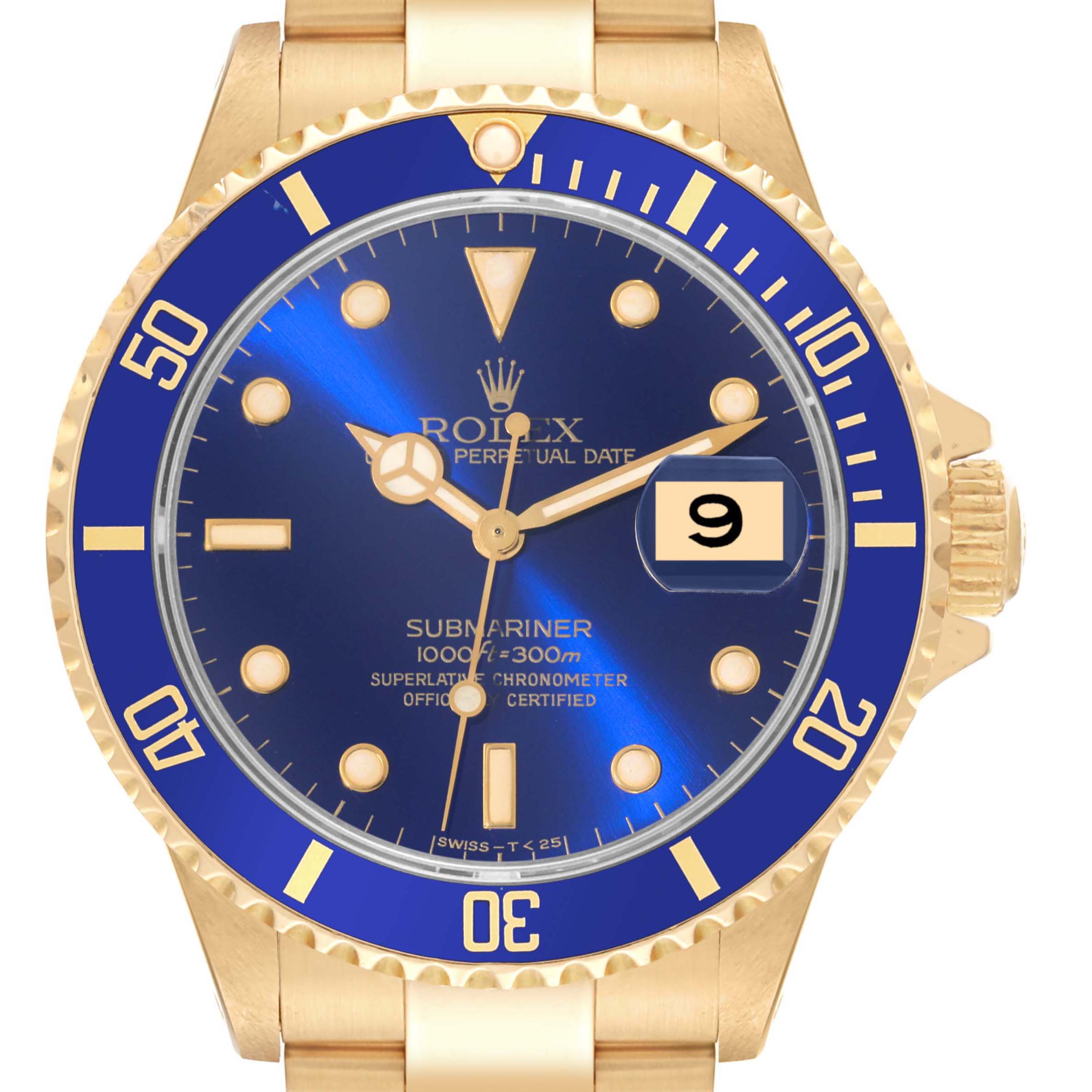 The image shows a front view of a Rolex Submariner 16618 Men's Yellow Gold Blue Dial 16618 Men's Yellow Gold Blue Dial watch, highlighting its blue dial, date window, and gold bezel and bracelet.