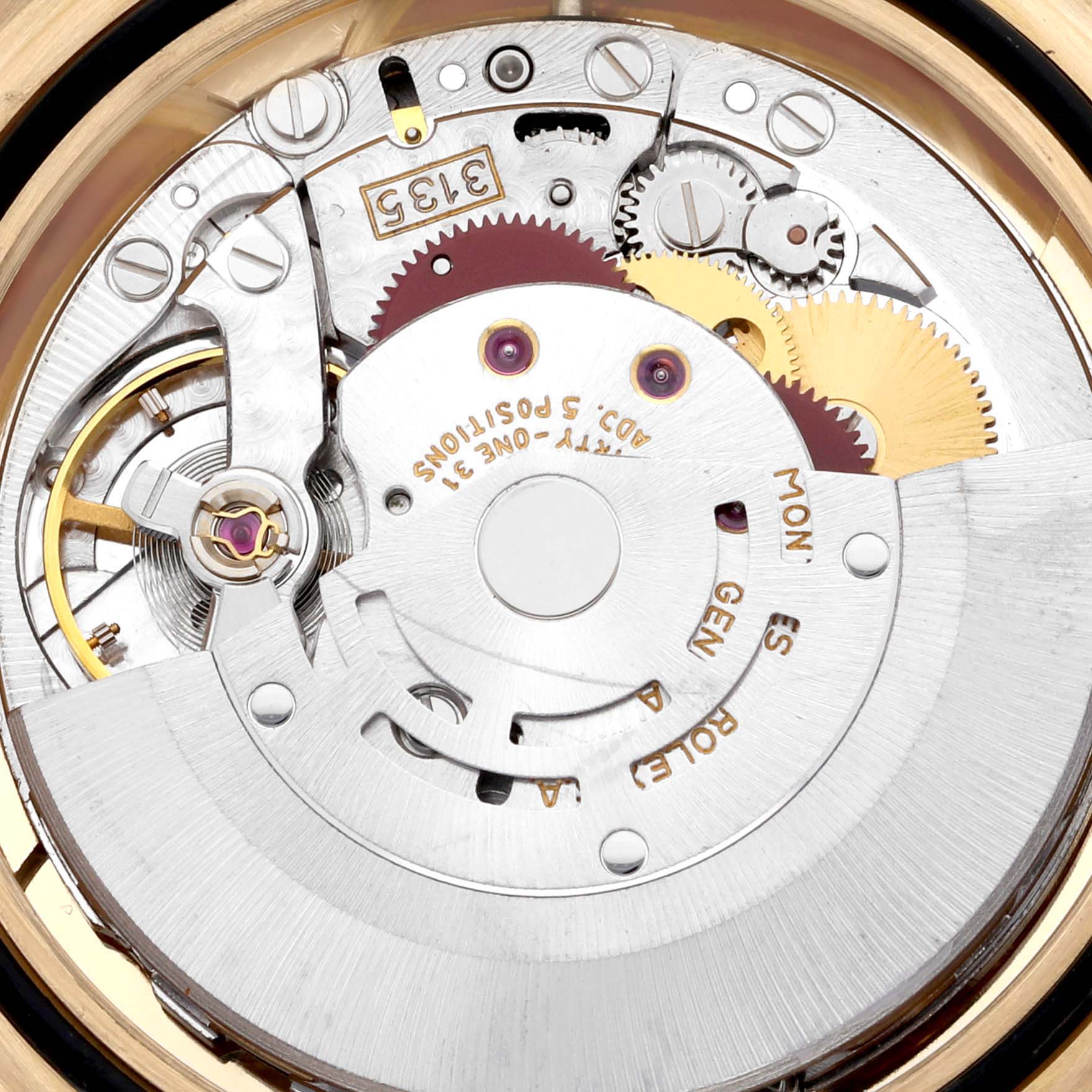 The image shows a close-up of the movement mechanism of a Rolex Submariner 16618 Men's Yellow Gold Blue Dial 16618 Men's Yellow Gold Blue Dial watch from a top-down angle.