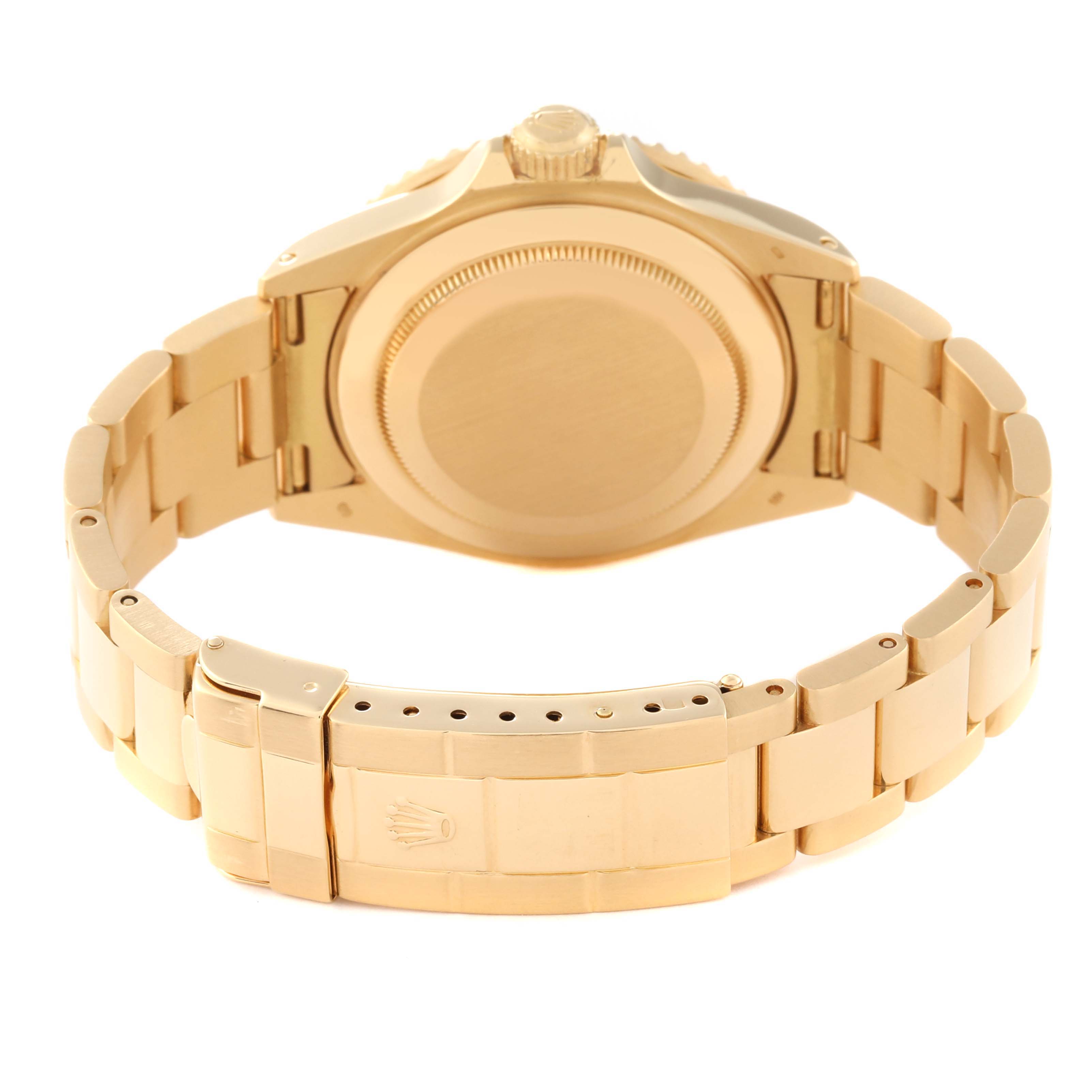 The image shows the back case and bracelet of a gold Rolex Submariner 16618 Men's Yellow Gold Blue Dial 16618 Men's Yellow Gold Blue Dial watch, viewed from the rear.