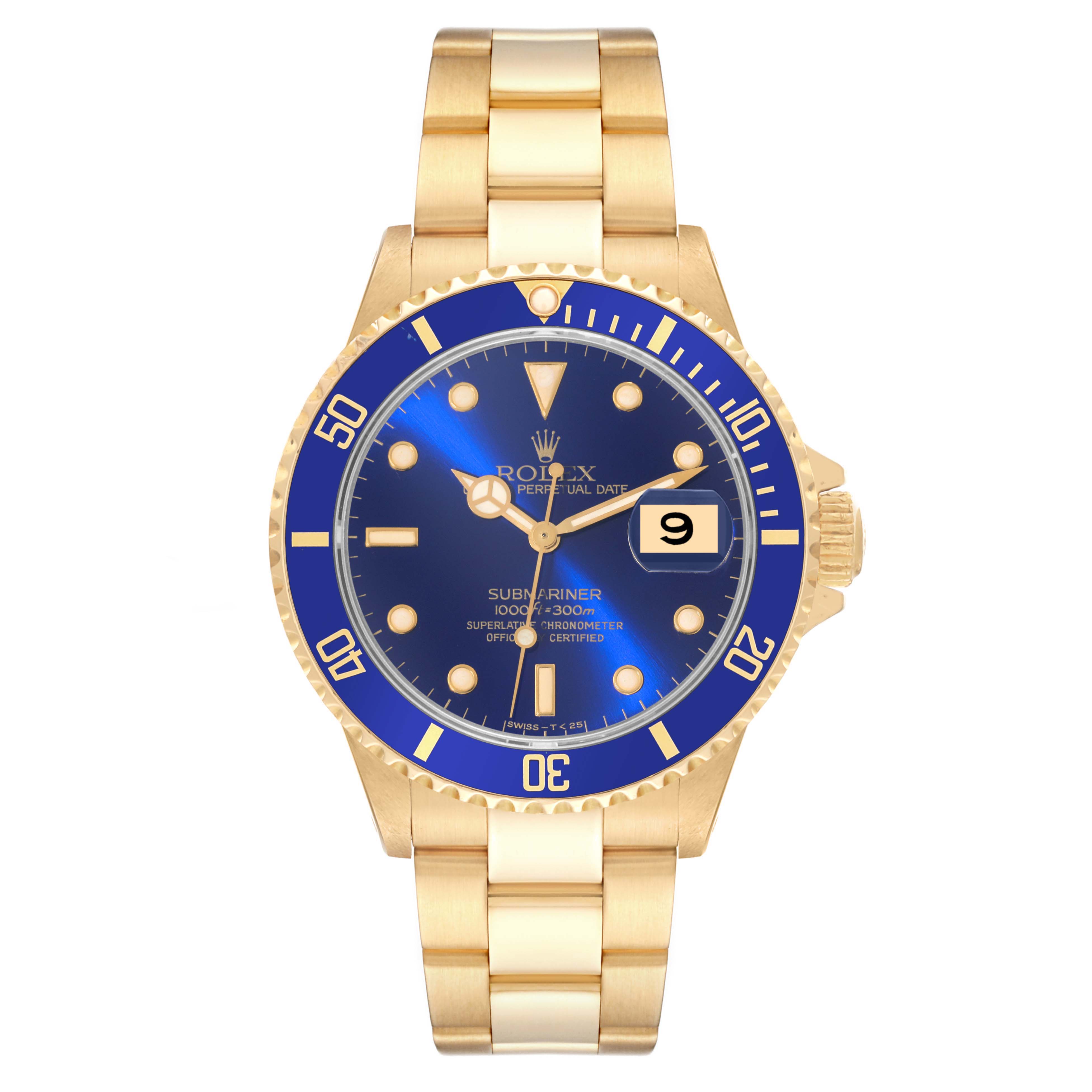 This is a frontal view of the Rolex Submariner 16618 Men's Yellow Gold Blue Dial 16618 Men's Yellow Gold Blue Dial, showing the dial, bezel, and bracelet.