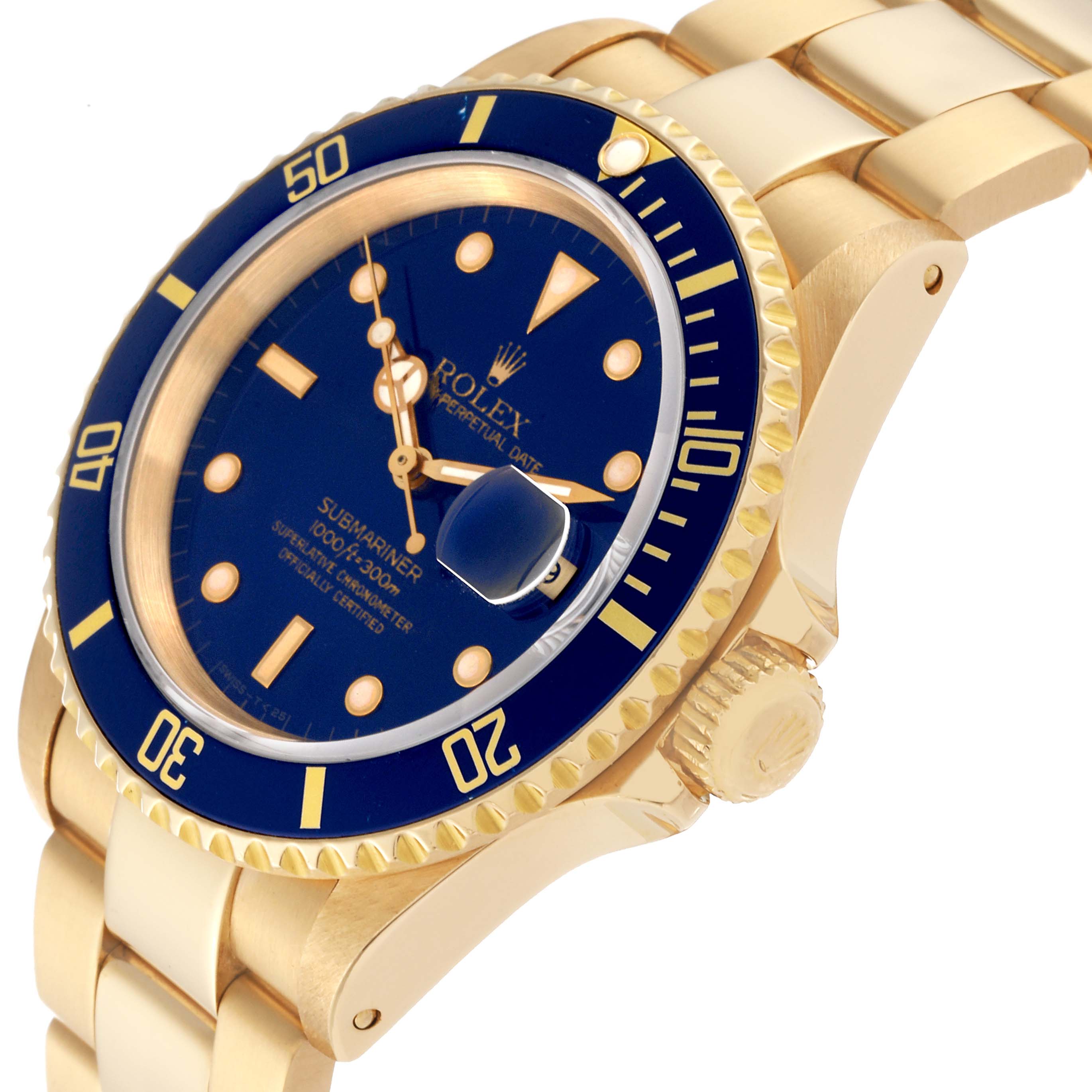 The image shows a side view of the Rolex Submariner 16618 Men's Yellow Gold Blue Dial 16618 Men's Yellow Gold Blue Dial watch, highlighting its blue dial, bezel, crown, and bracelet.