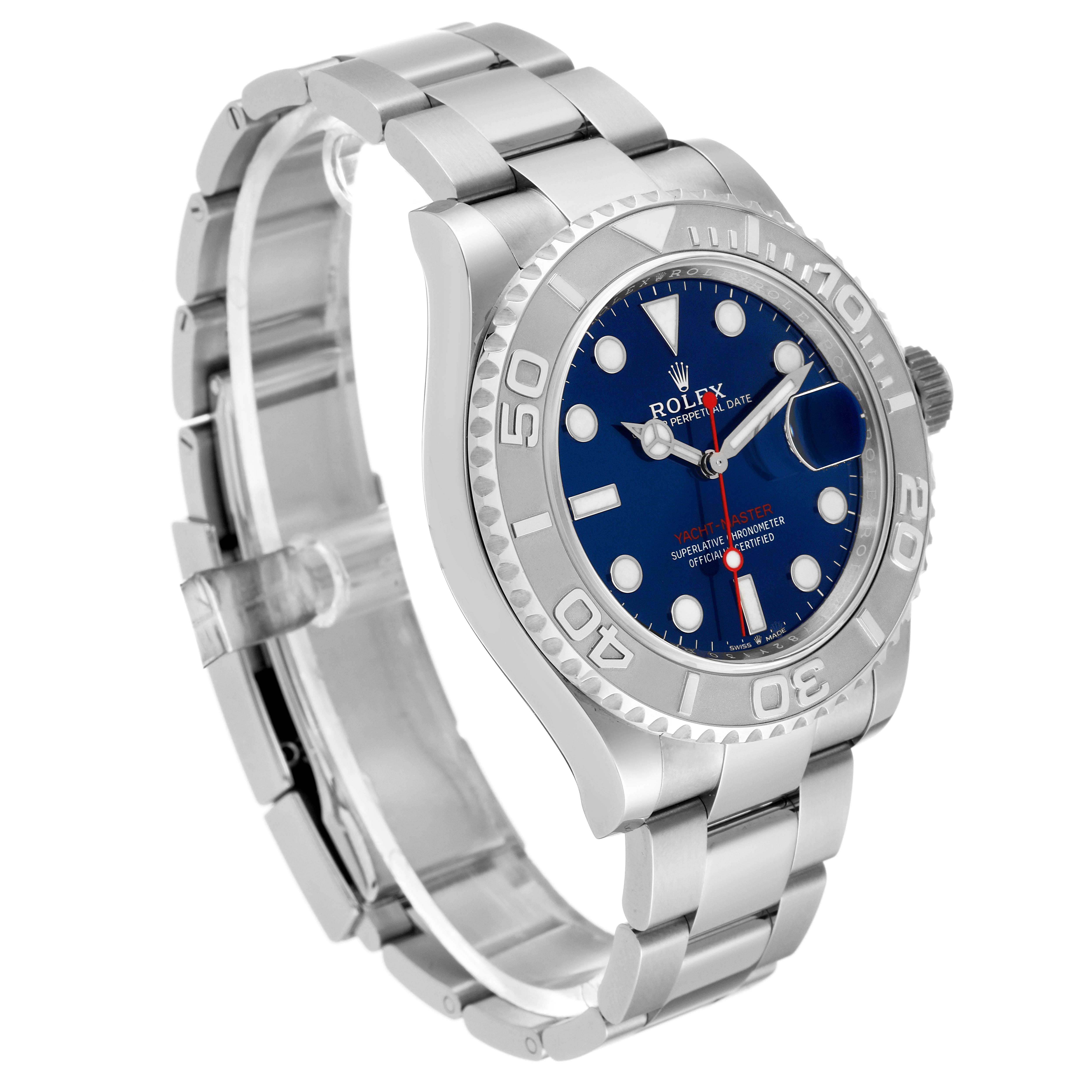 The image shows a side angle of the Rolex Yacht-Master 126622 Men
s Stainless Steel Blue Dial 126622 Men
s Stainless Steel Blue Dial watch, showcasing its blue dial, bezel, and metal bracelet.