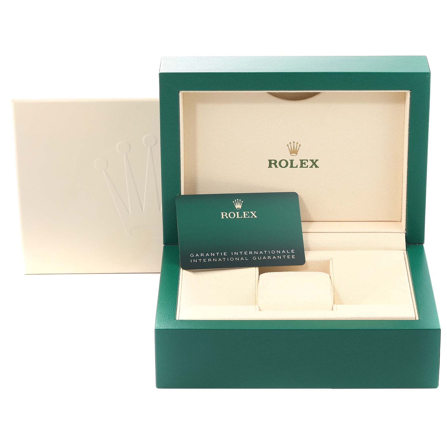 The image shows an open Rolex Yacht-Master 126622 Men
s Stainless Steel Blue Dial 126622 Men
s Stainless Steel Blue Dial watch box with a guarantee card inside.