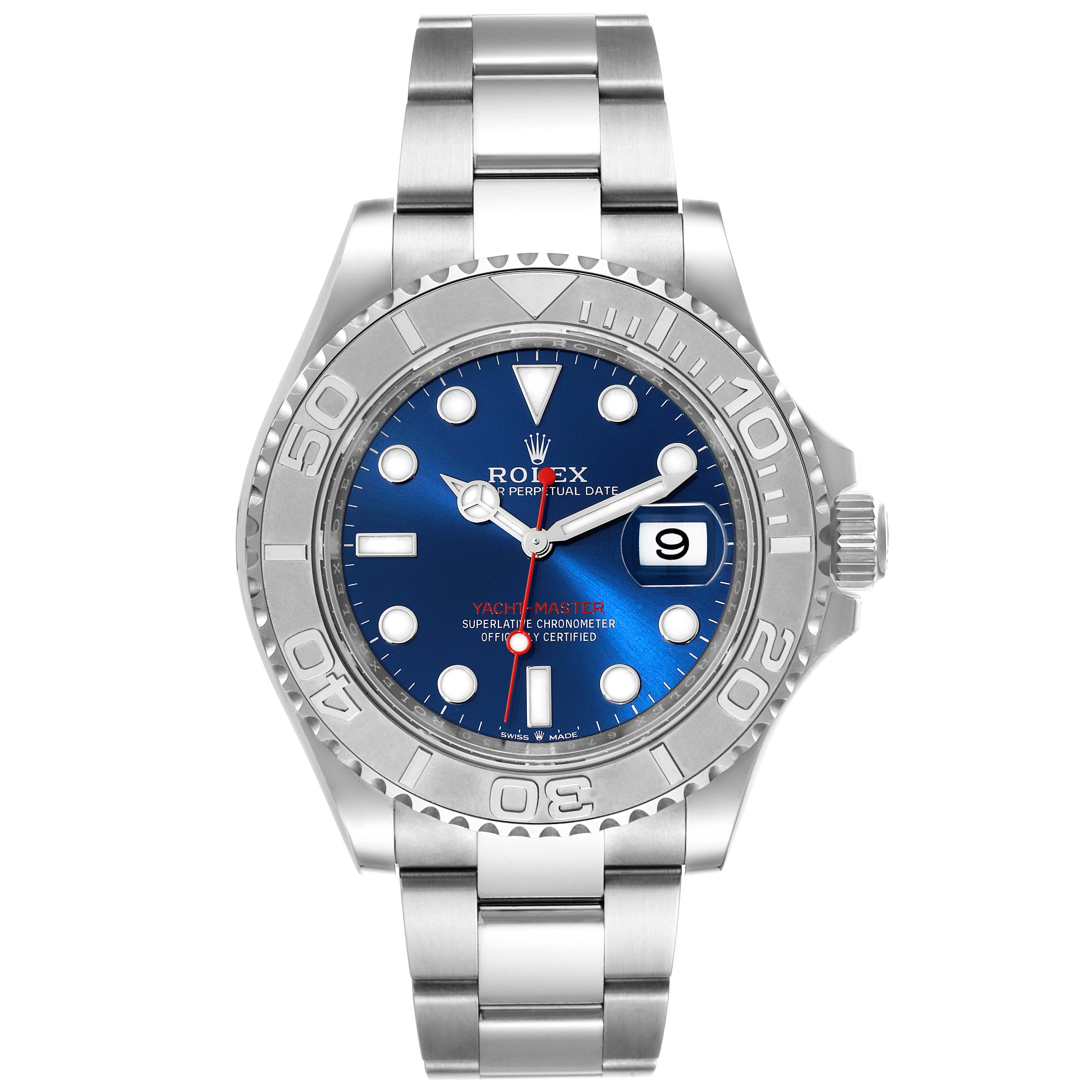 This image shows a front view of a Rolex Yacht-Master 126622 Men
s Stainless Steel Blue Dial 126622 Men
s Stainless Steel Blue Dial watch, highlighting the dial, bezel, bracelet, and crown.