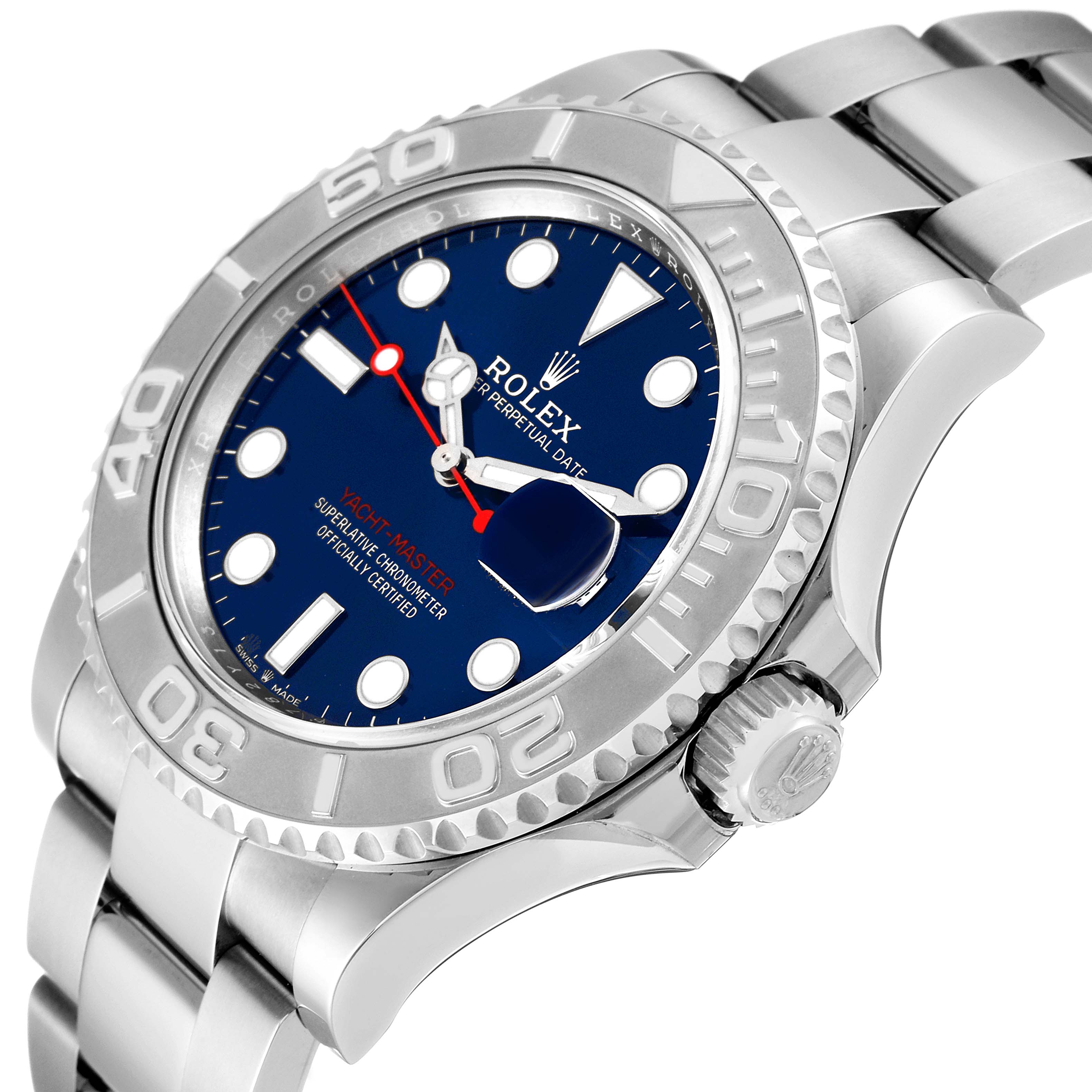 The image shows a Rolex Yacht-Master 126622 Men
s Stainless Steel Blue Dial 126622 Men
s Stainless Steel Blue Dial watch from a slightly tilted angle, highlighting the dial, bezel, crown, and bracelet.