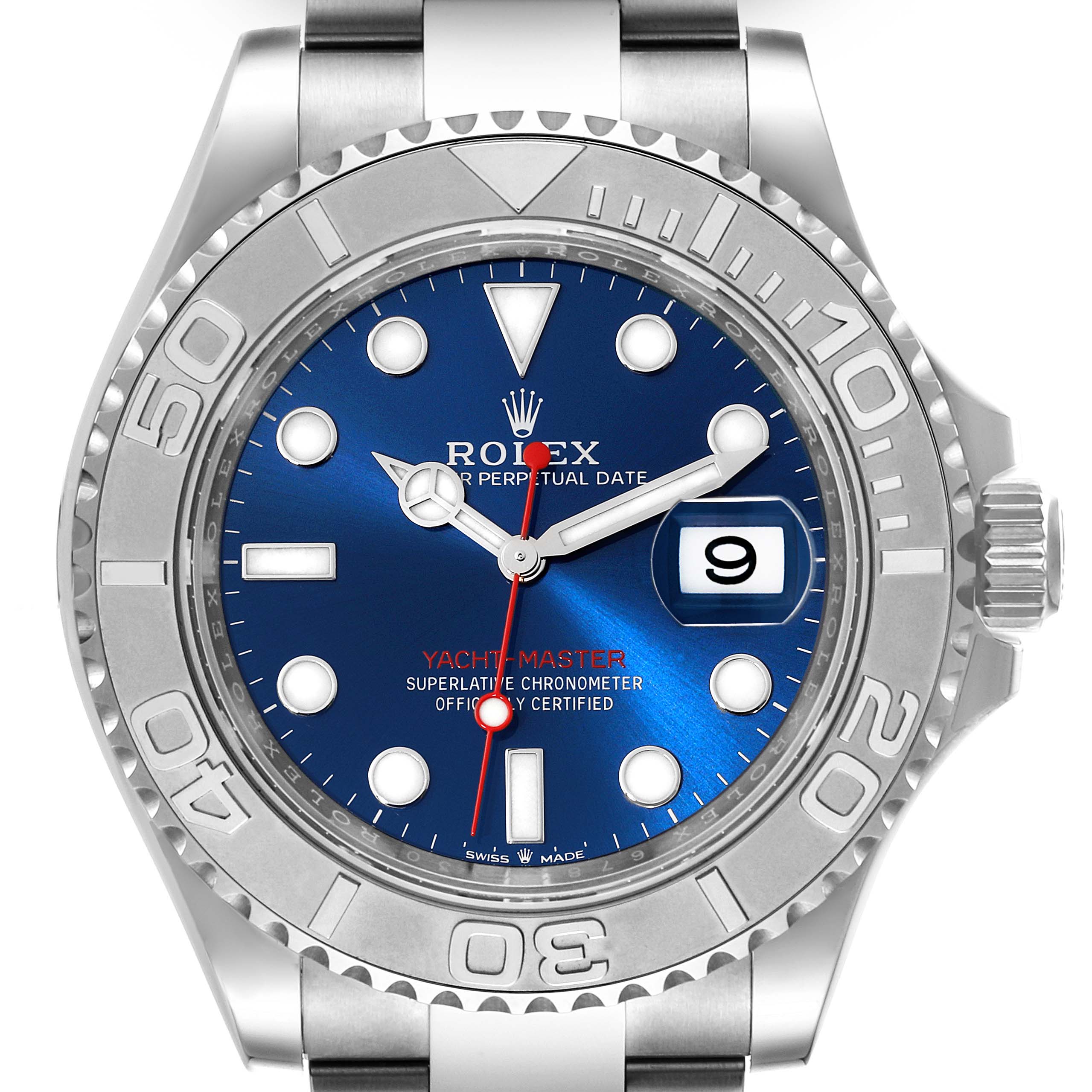 This image shows a Rolex Yacht-Master 126622 Men
s Stainless Steel Blue Dial 126622 Men
s Stainless Steel Blue Dial watch, focusing on the face, bezel, and part of the bracelet, viewed from the front.
