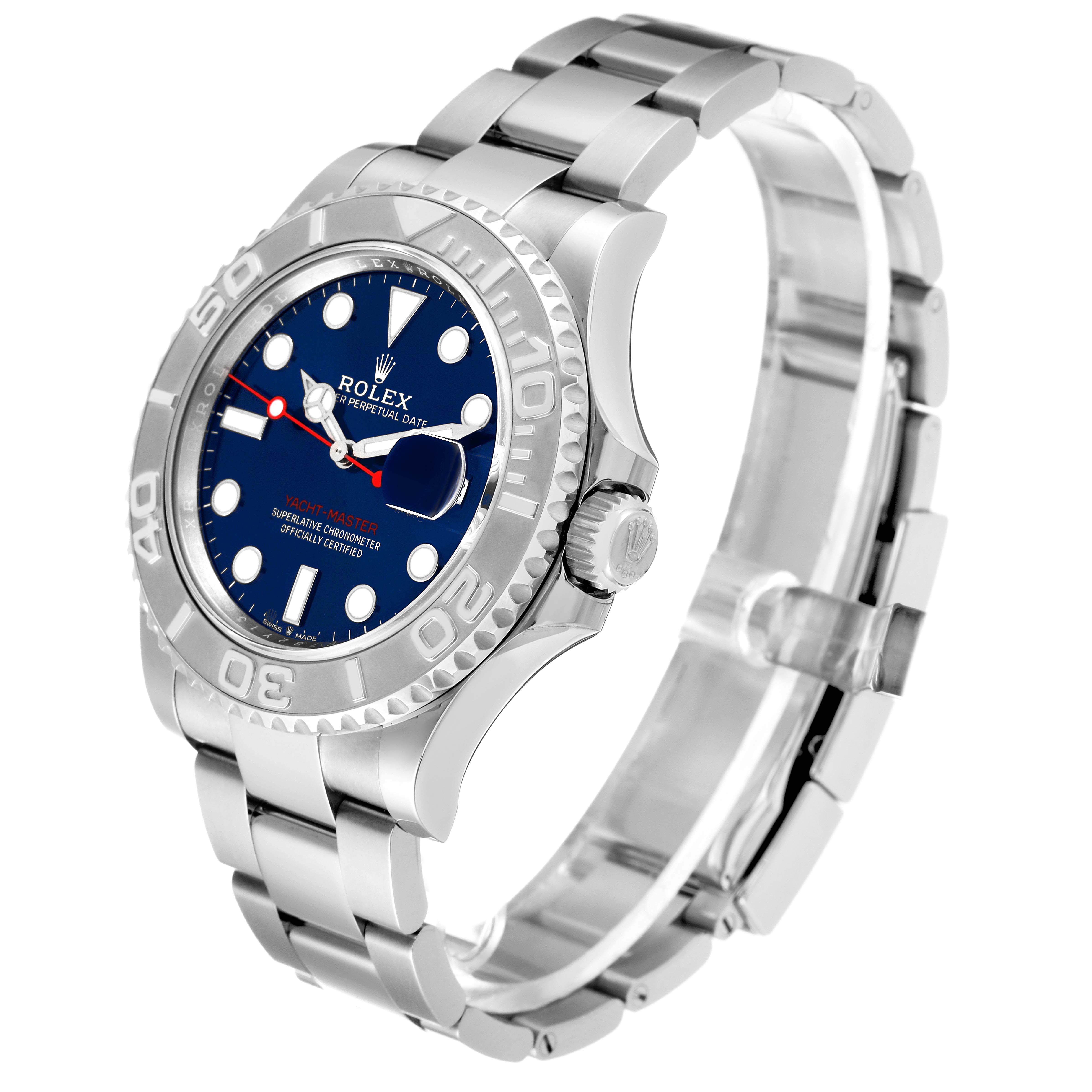 The image shows a side angle of a Rolex Yacht-Master 126622 Men
s Stainless Steel Blue Dial 126622 Men
s Stainless Steel Blue Dial watch featuring the crown, bezel, and bracelet.