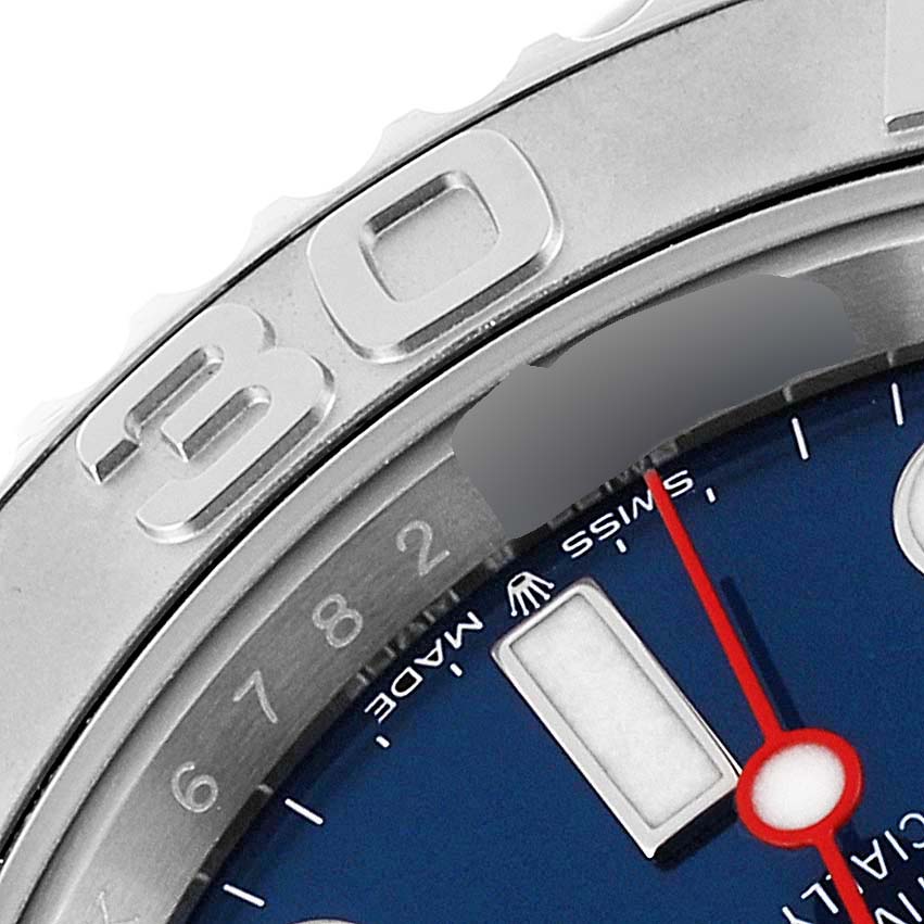 This close-up image shows the bezel and part of the dial of a Rolex Yacht-Master 126622 Men
s Stainless Steel Blue Dial 126622 Men
s Stainless Steel Blue Dial watch.