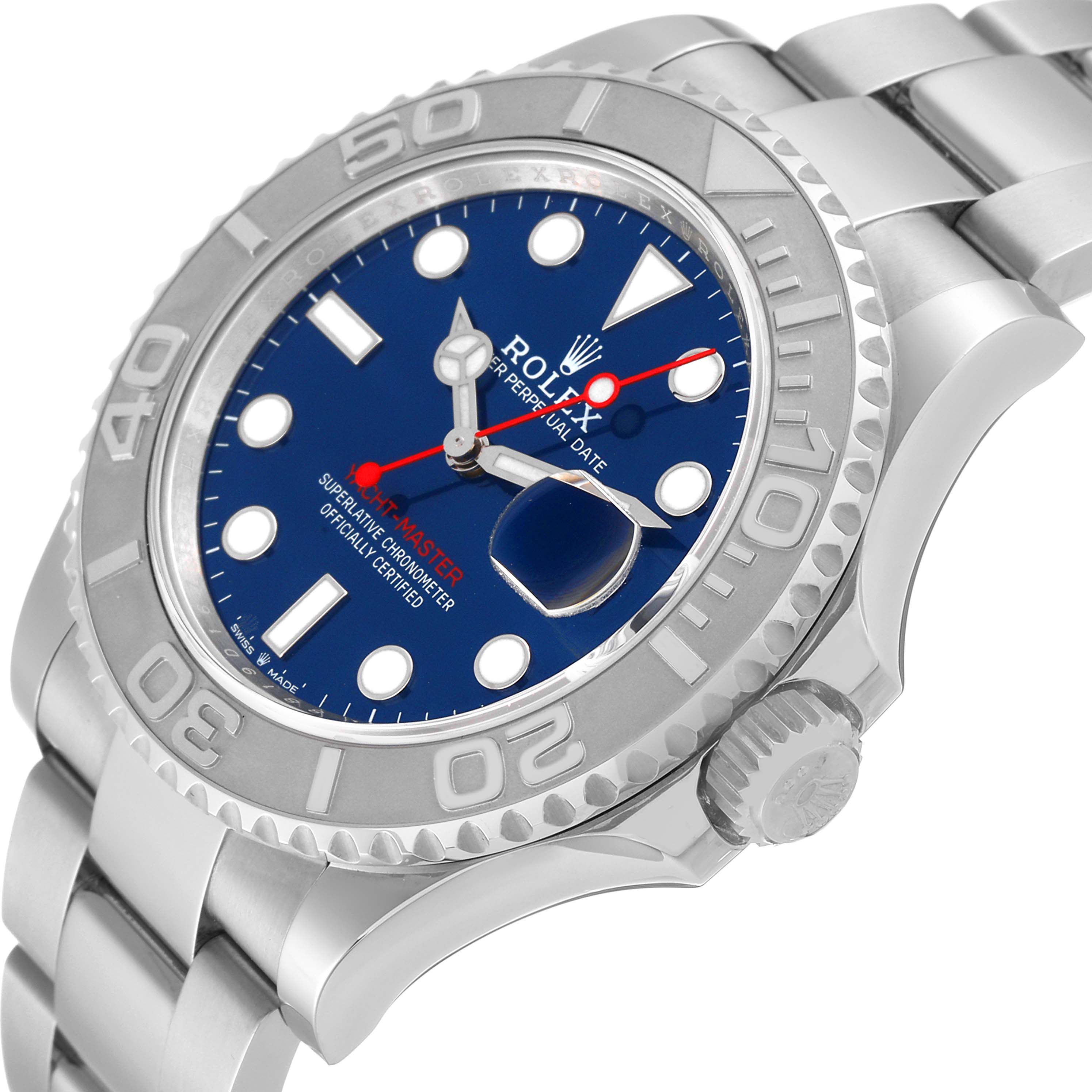 The image shows a Rolex Yacht-Master 126622 Men
s Stainless Steel Blue Dial 126622 Men
s Stainless Steel Blue Dial watch at an angle highlighting the bezel, dial, bracelet, and crown.