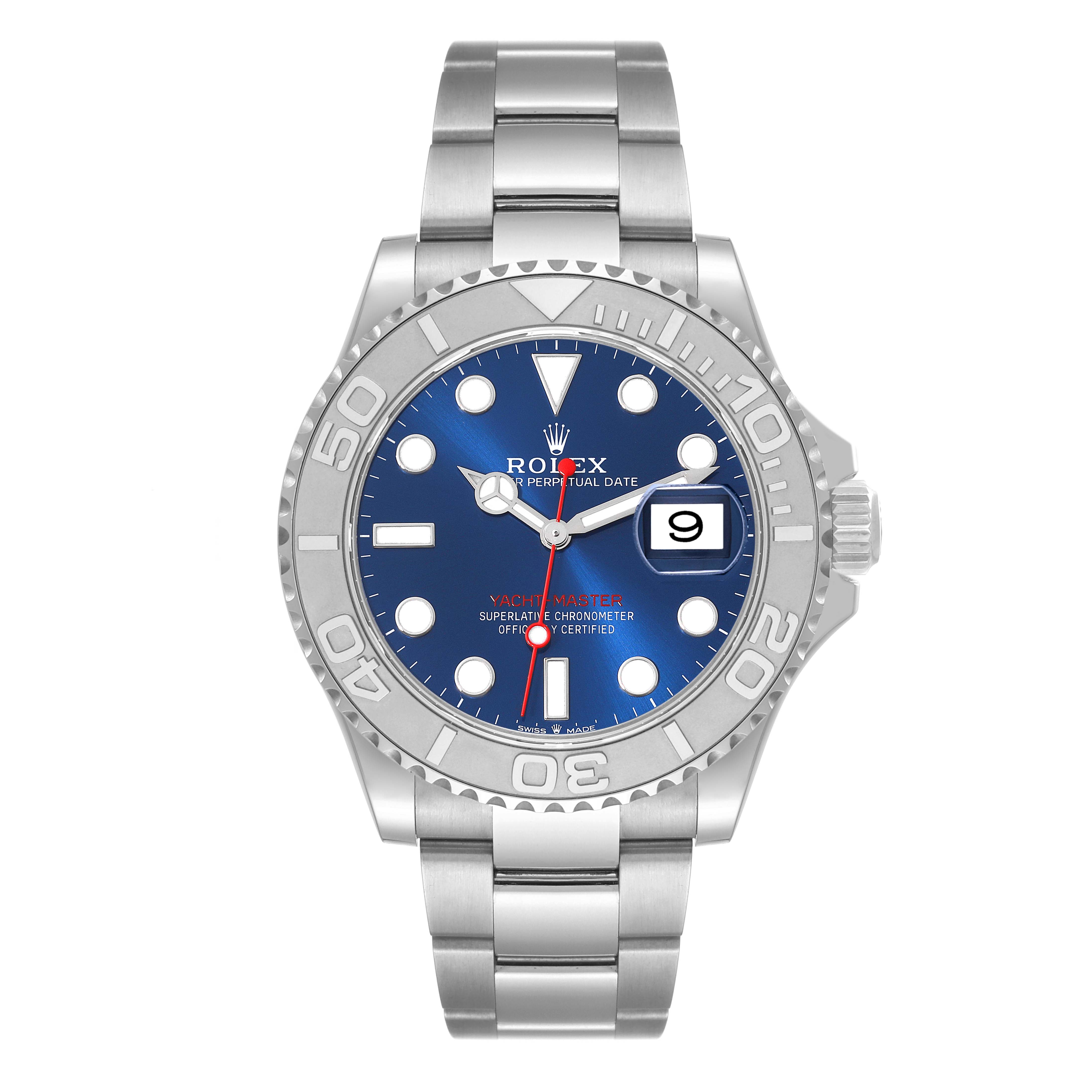 The Rolex Yacht-Master 126622 Men
s Stainless Steel Blue Dial 126622 Men
s Stainless Steel Blue Dial watch is shown from a front angle, displaying its blue dial, bezel, and stainless steel bracelet.