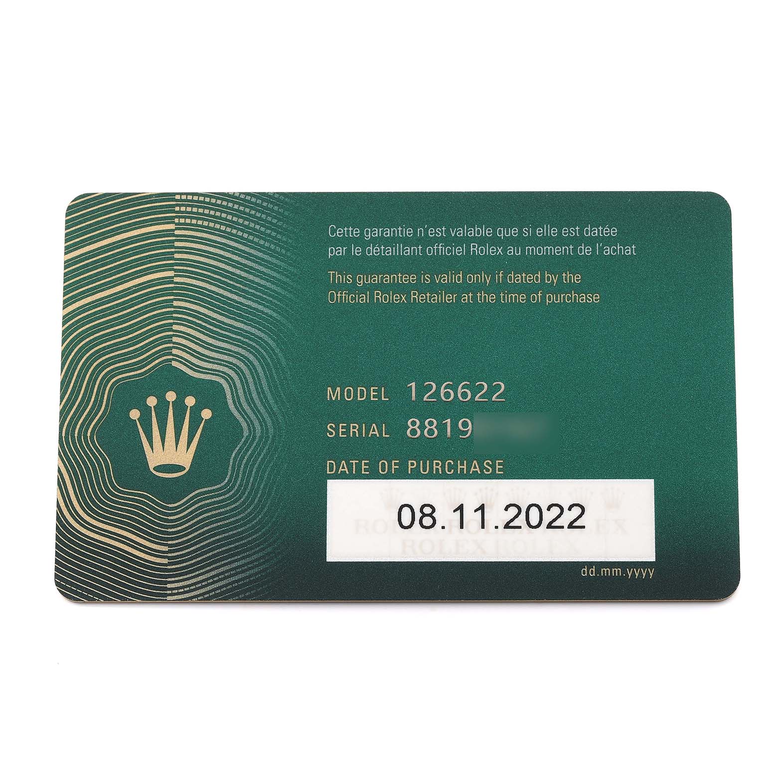 This image shows a guarantee card for a Rolex Yacht-Master 126622 Men
s Stainless Steel Blue Dial 126622 Men
s Stainless Steel Blue Dial model 126622, with purchase details and serial number.