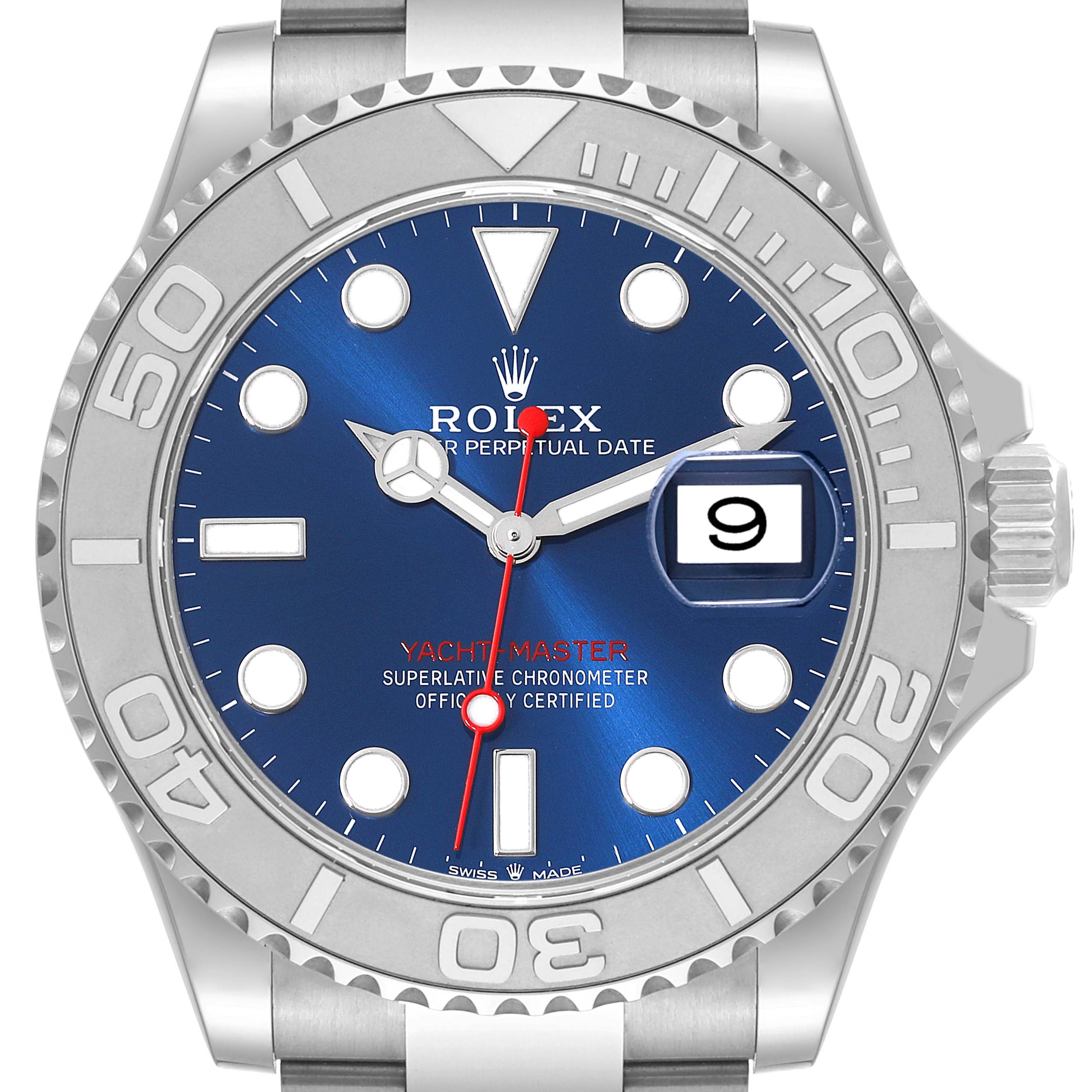 This image shows a front view of the Rolex Yacht-Master 126622 Men
s Stainless Steel Blue Dial 126622 Men
s Stainless Steel Blue Dial watch, highlighting its dial, bezel, and bracelet.