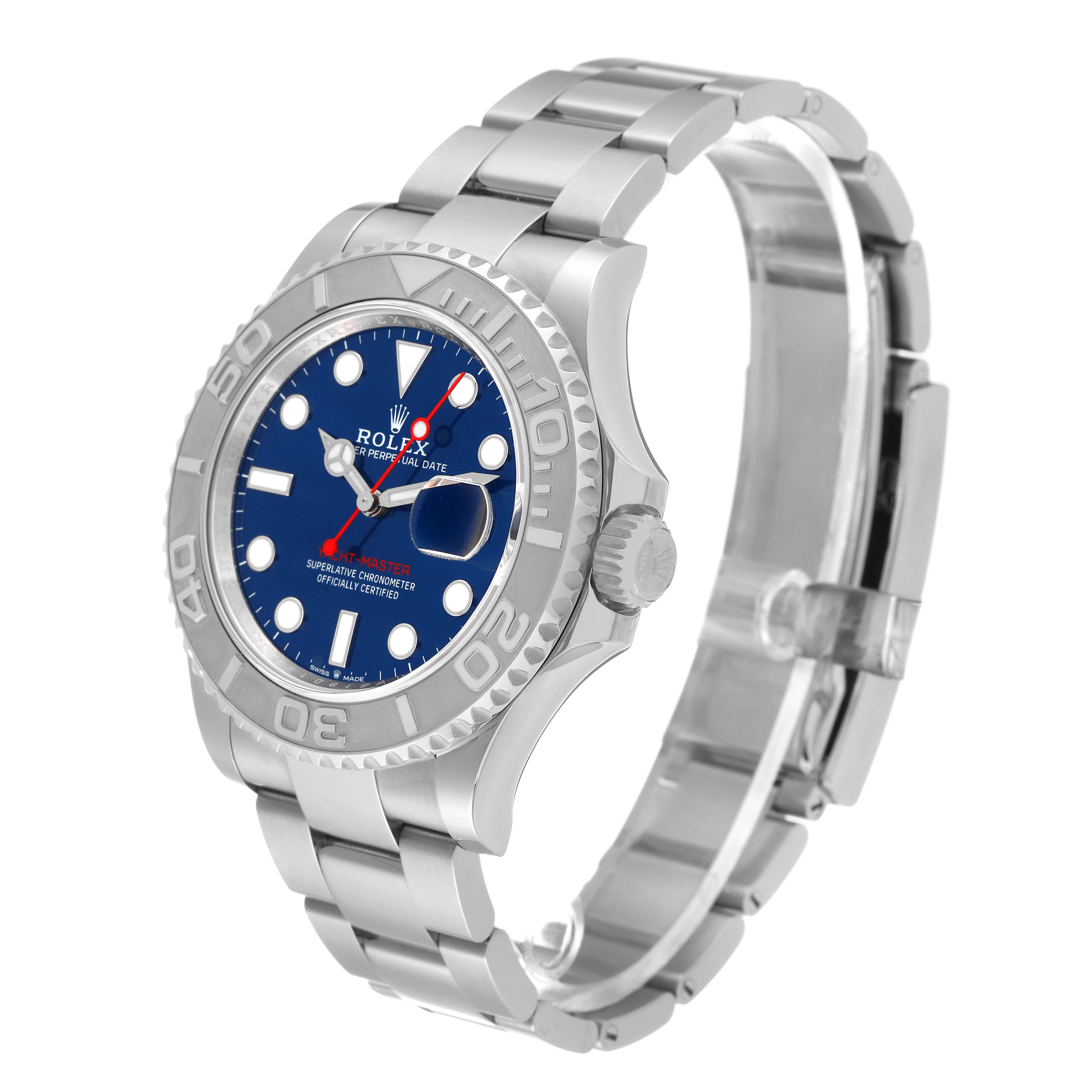 The Rolex Yacht-Master 126622 Men
s Stainless Steel Blue Dial 126622 Men
s Stainless Steel Blue Dial watch is shown at a three-quarter angle, displaying its face, bezel, crown, and bracelet.