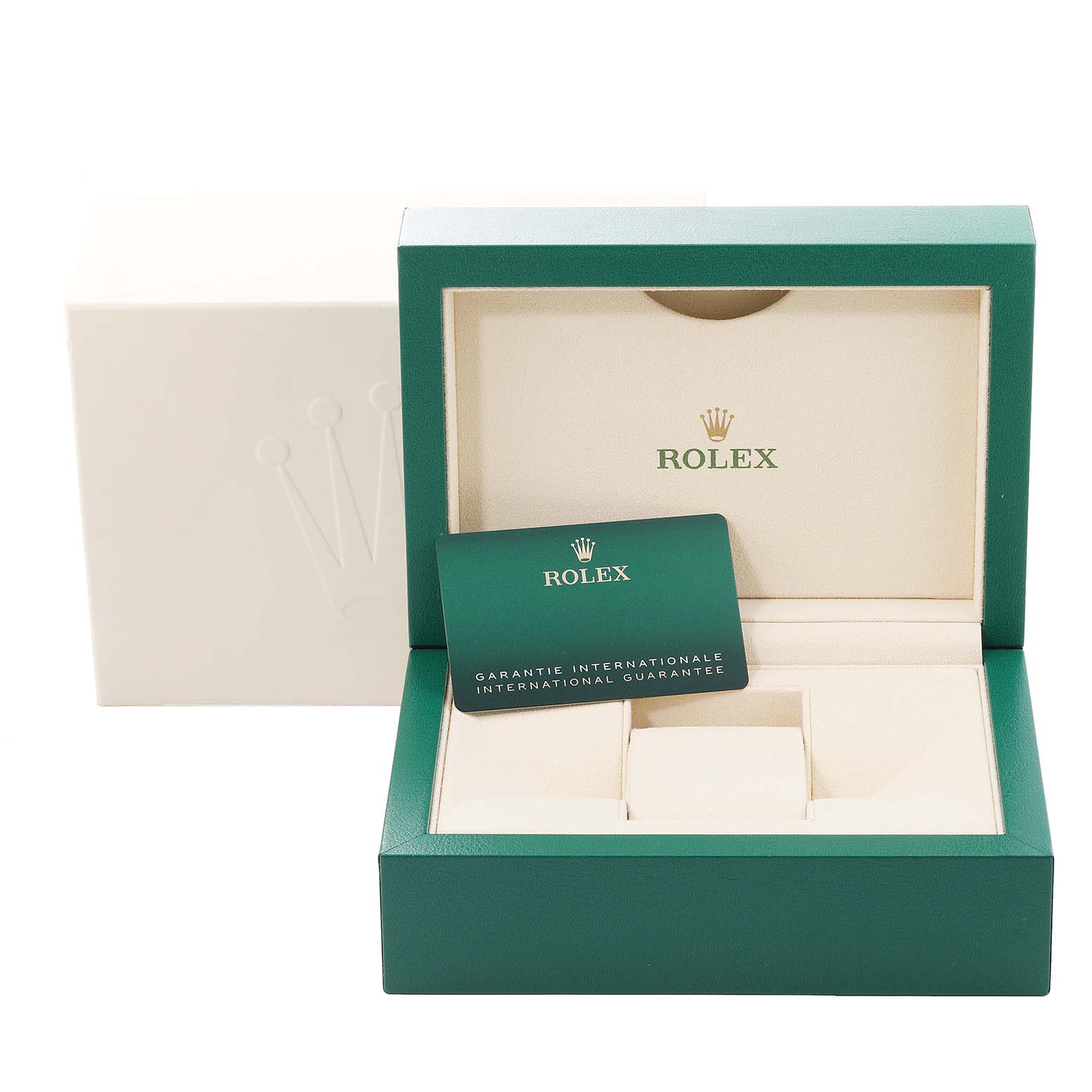 This image shows the packaging for a Rolex Yacht-Master 126622 Men
s Stainless Steel Blue Dial 126622 Men
s Stainless Steel Blue Dial watch, including a green box, a beige interior, and an international guarantee card.