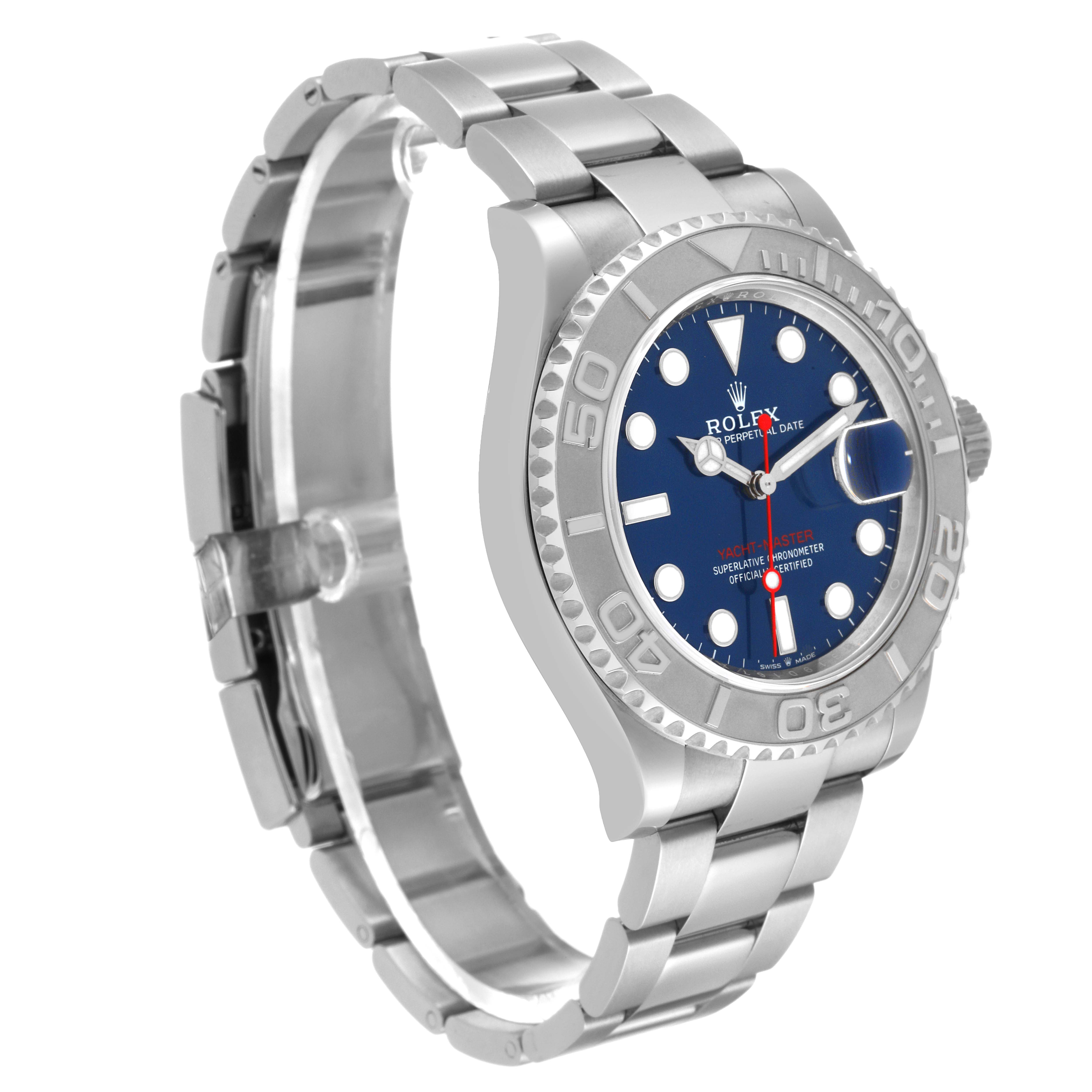 The Rolex Yacht-Master 126622 Men
s Stainless Steel Blue Dial 126622 Men
s Stainless Steel Blue Dial watch is shown at an angled side view, highlighting its bracelet, bezel, and dial.