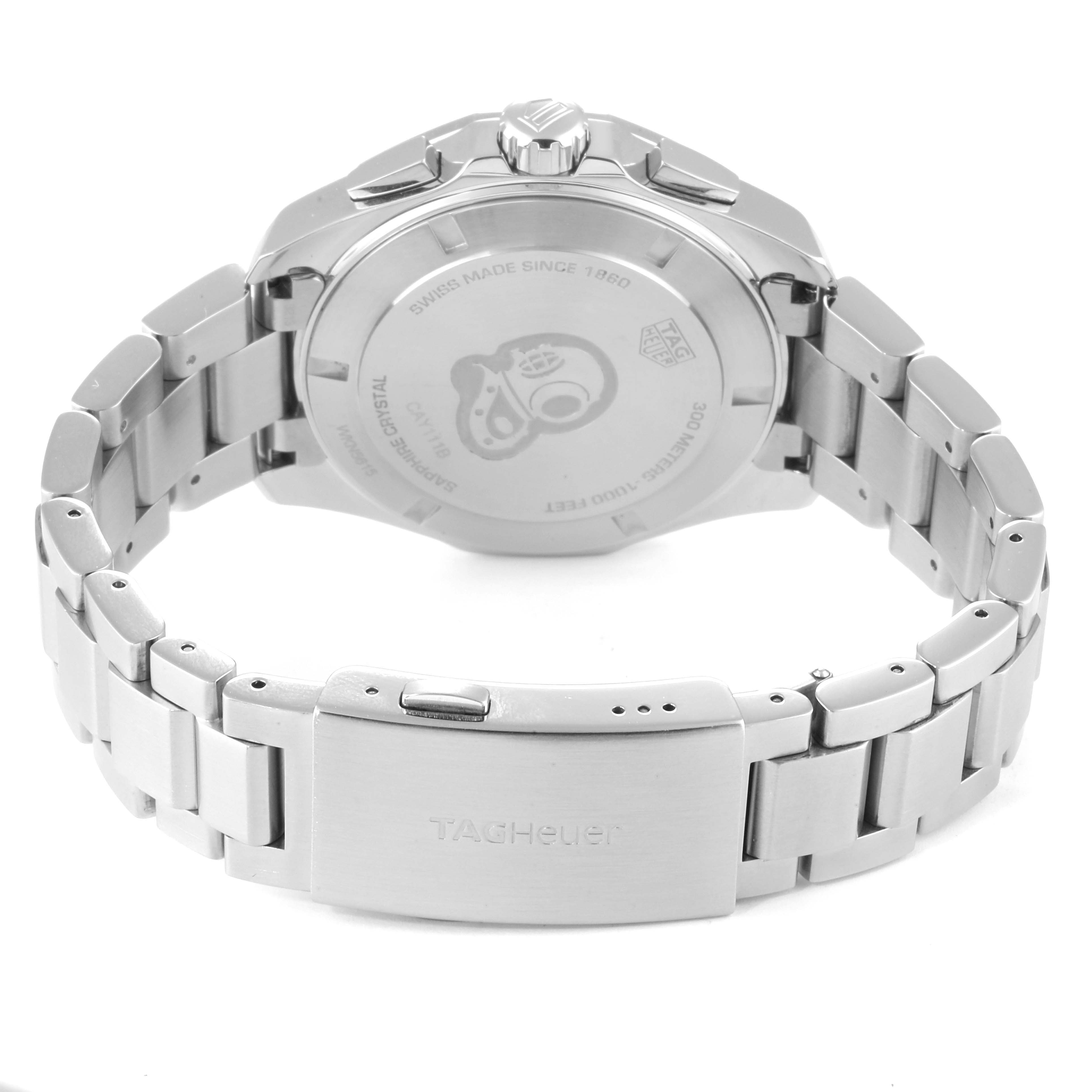 The image shows the backside and bracelet of the Tag Heuer Aquaracer CAY111B.BA0927 Men's Stainless Steel Blue Dial CAY111B.BA0927 Men's Stainless Steel Blue Dial watch, highlighting the case back and clasp.