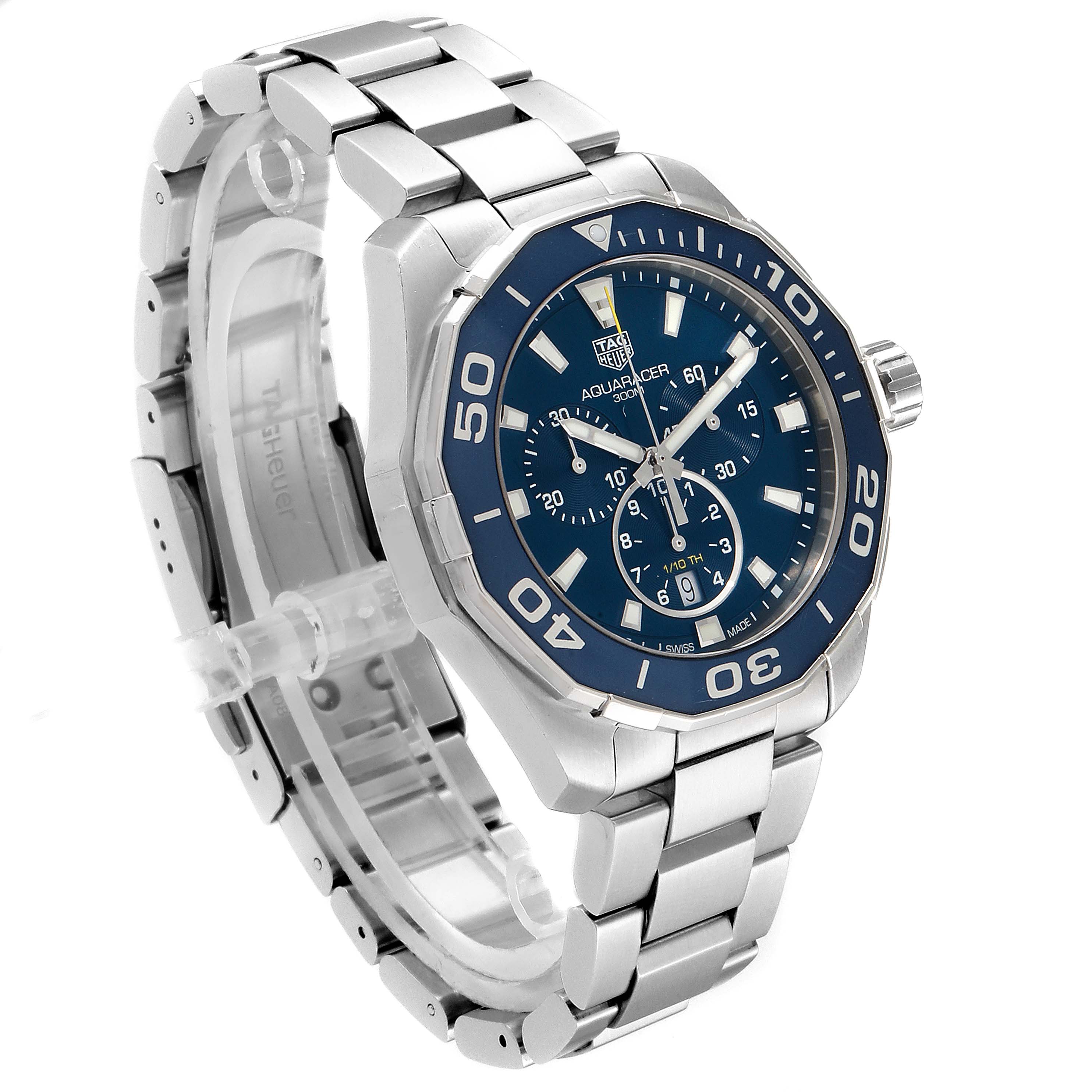 The image shows a side-angle view of a Tag Heuer Aquaracer CAY111B.BA0927 Men's Stainless Steel Blue Dial CAY111B.BA0927 Men's Stainless Steel Blue Dial watch, displaying its face, bezel, crown, and metal bracelet.