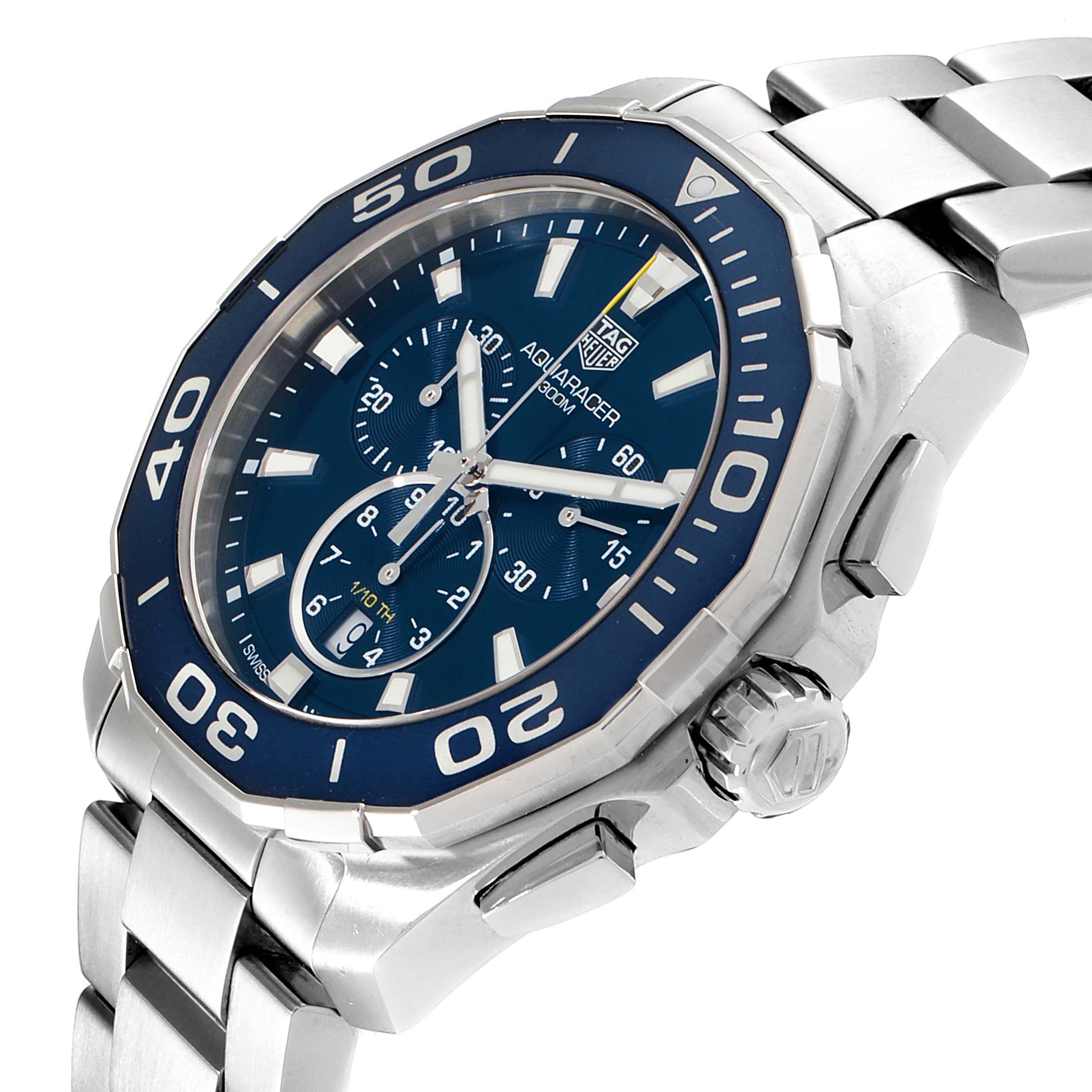 The Tag Heuer Aquaracer CAY111B.BA0927 Men's Stainless Steel Blue Dial CAY111B.BA0927 Men's Stainless Steel Blue Dial watch is shown at a three-quarter angle, displaying the dial, bezel, crown, and part of the bracelet.