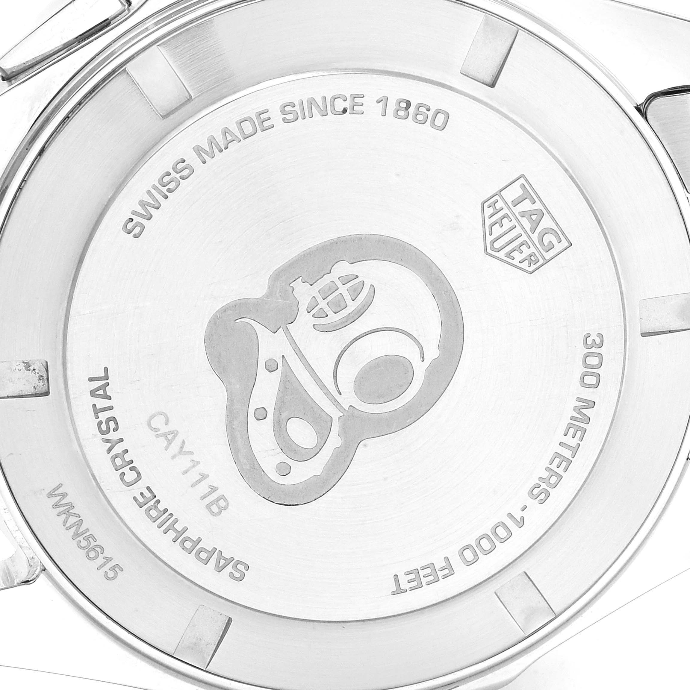 This image shows the case back of a Tag Heuer Aquaracer CAY111B.BA0927 Men's Stainless Steel Blue Dial CAY111B.BA0927 Men's Stainless Steel Blue Dial watch, featuring the brand's logo and model specifications.