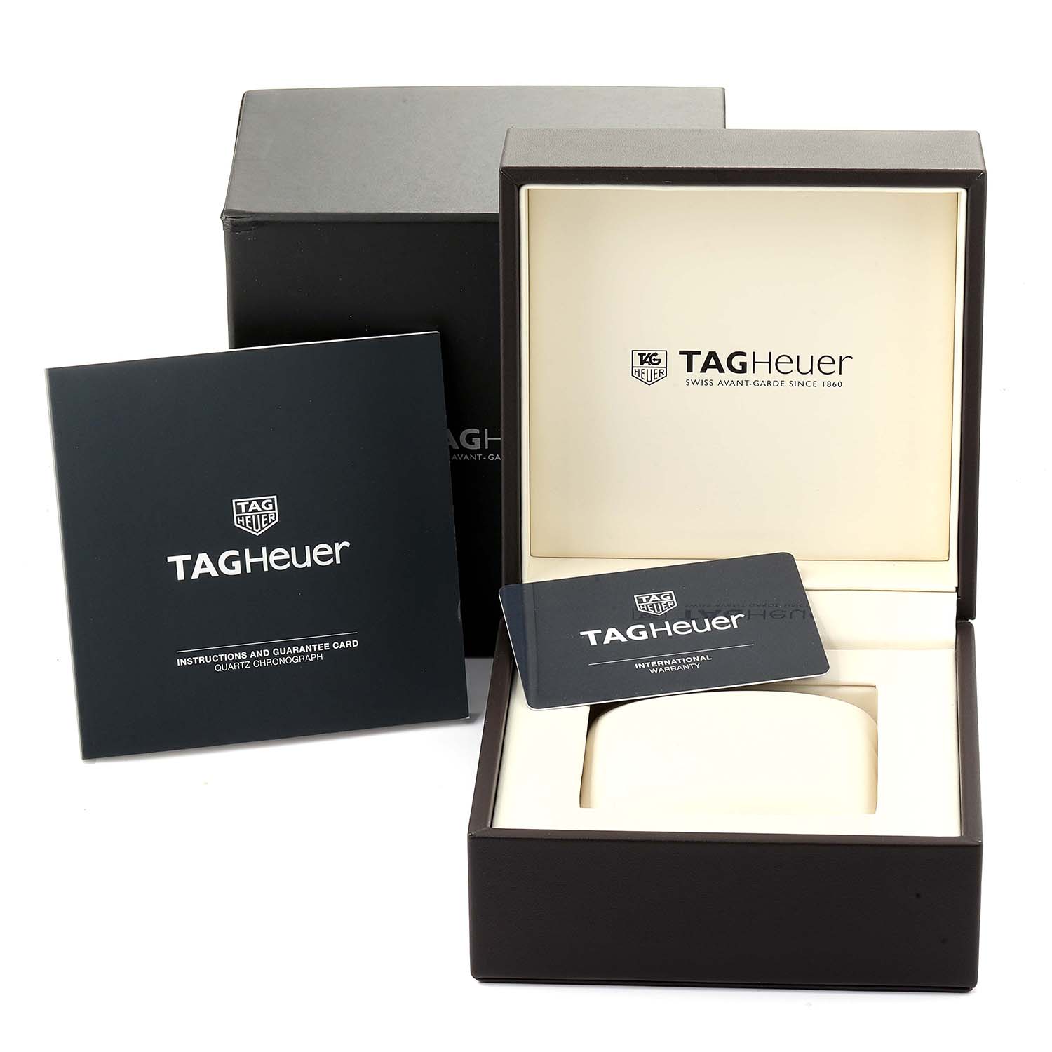 The image shows the box, instruction manual, and warranty card for a Tag Heuer Aquaracer CAY111B.BA0927 Men's Stainless Steel Blue Dial CAY111B.BA0927 Men's Stainless Steel Blue Dial watch.