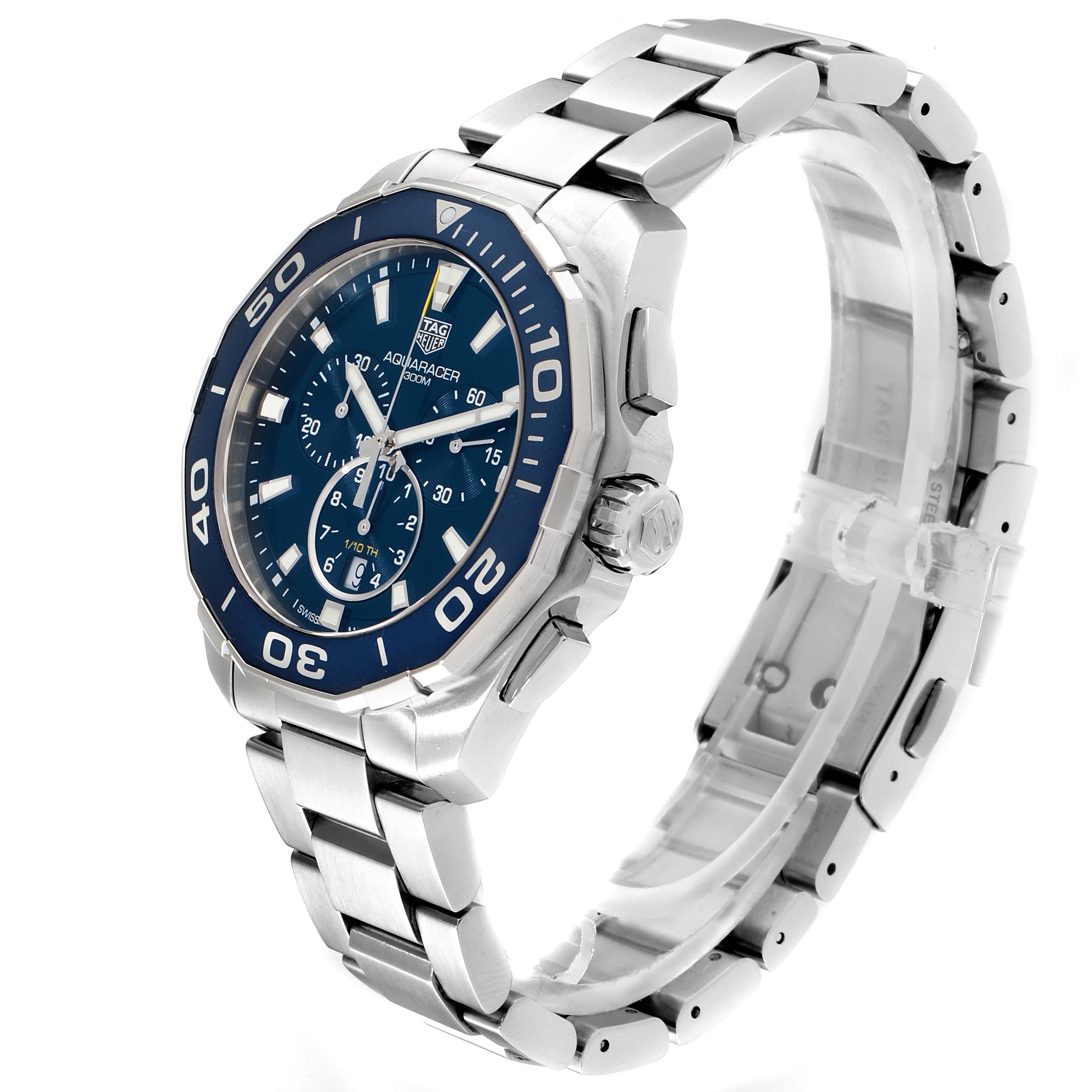 The image shows a side and slightly top view of the Tag Heuer Aquaracer CAY111B.BA0927 Men's Stainless Steel Blue Dial CAY111B.BA0927 Men's Stainless Steel Blue Dial watch with a blue dial and silver metal bracelet.