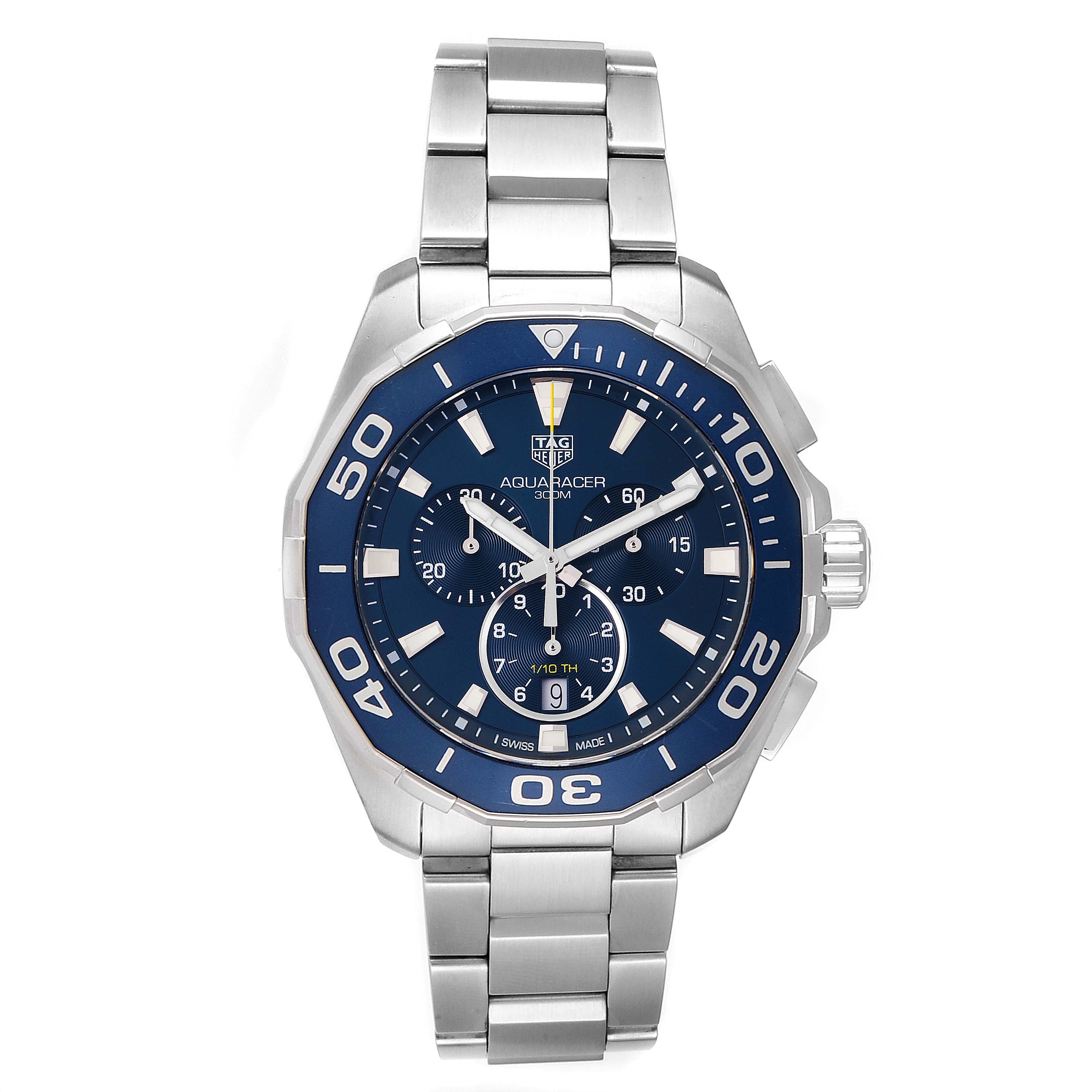 The image shows a front view of the Tag Heuer Aquaracer CAY111B.BA0927 Men's Stainless Steel Blue Dial CAY111B.BA0927 Men's Stainless Steel Blue Dial watch featuring a blue dial and silver bracelet.