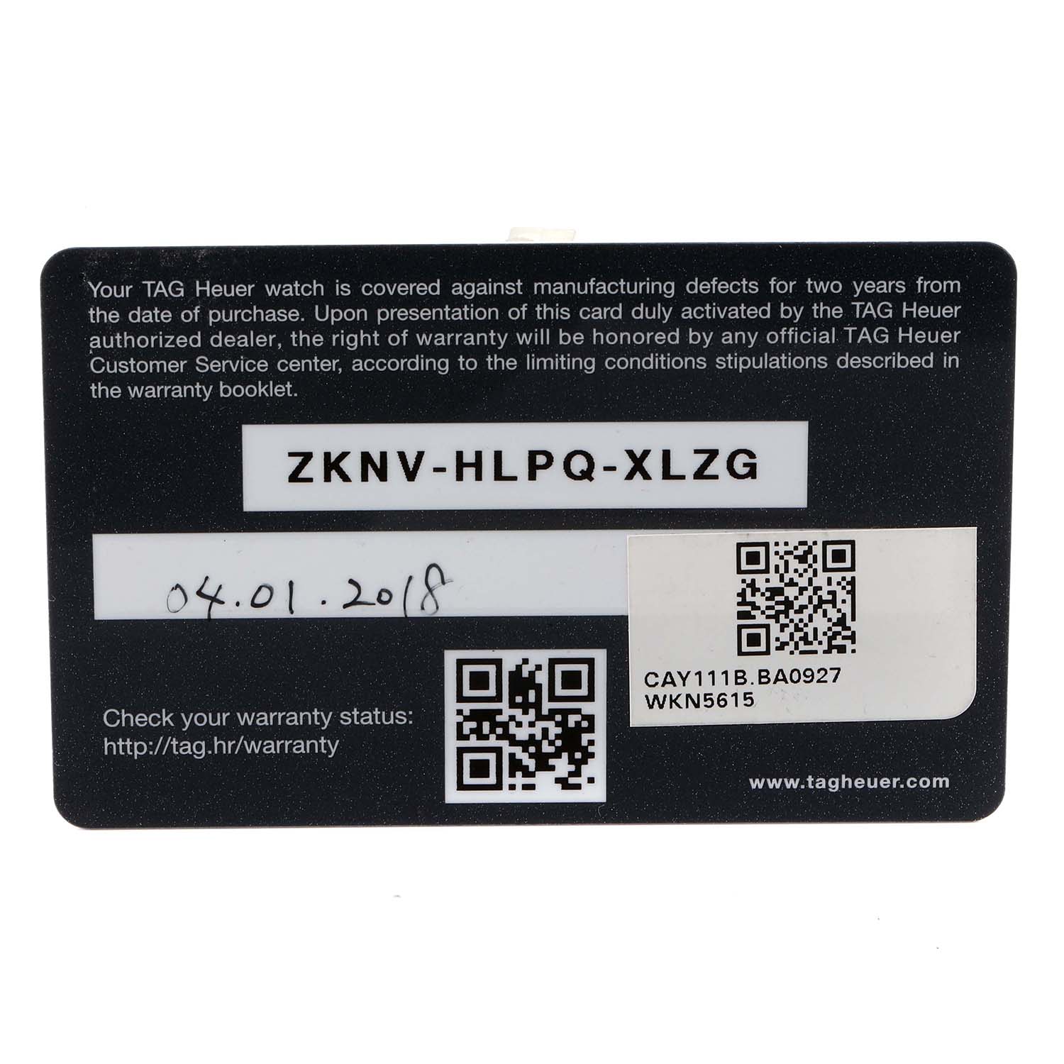 This image shows a warranty card for the Tag Heuer Aquaracer CAY111B.BA0927 Men's Stainless Steel Blue Dial CAY111B.BA0927 Men's Stainless Steel Blue Dial model, with a serial number, QR codes, and date of purchase.