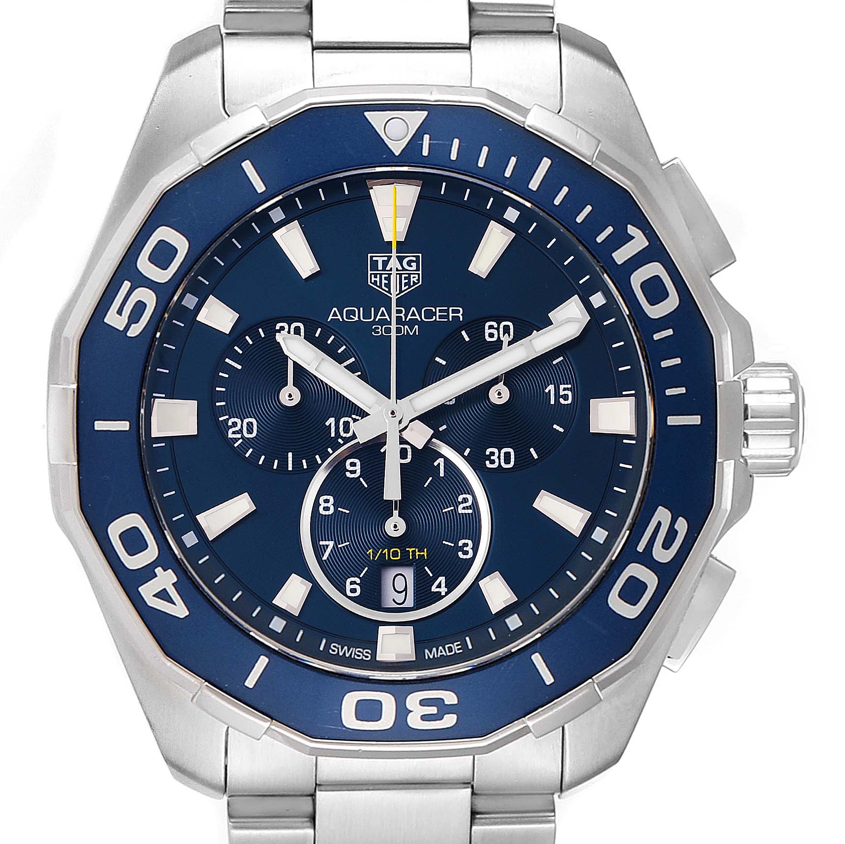 This image shows a front view of the Tag Heuer Aquaracer CAY111B.BA0927 Men's Stainless Steel Blue Dial CAY111B.BA0927 Men's Stainless Steel Blue Dial watch, highlighting its bezel, dial, and chronograph sub-dials.